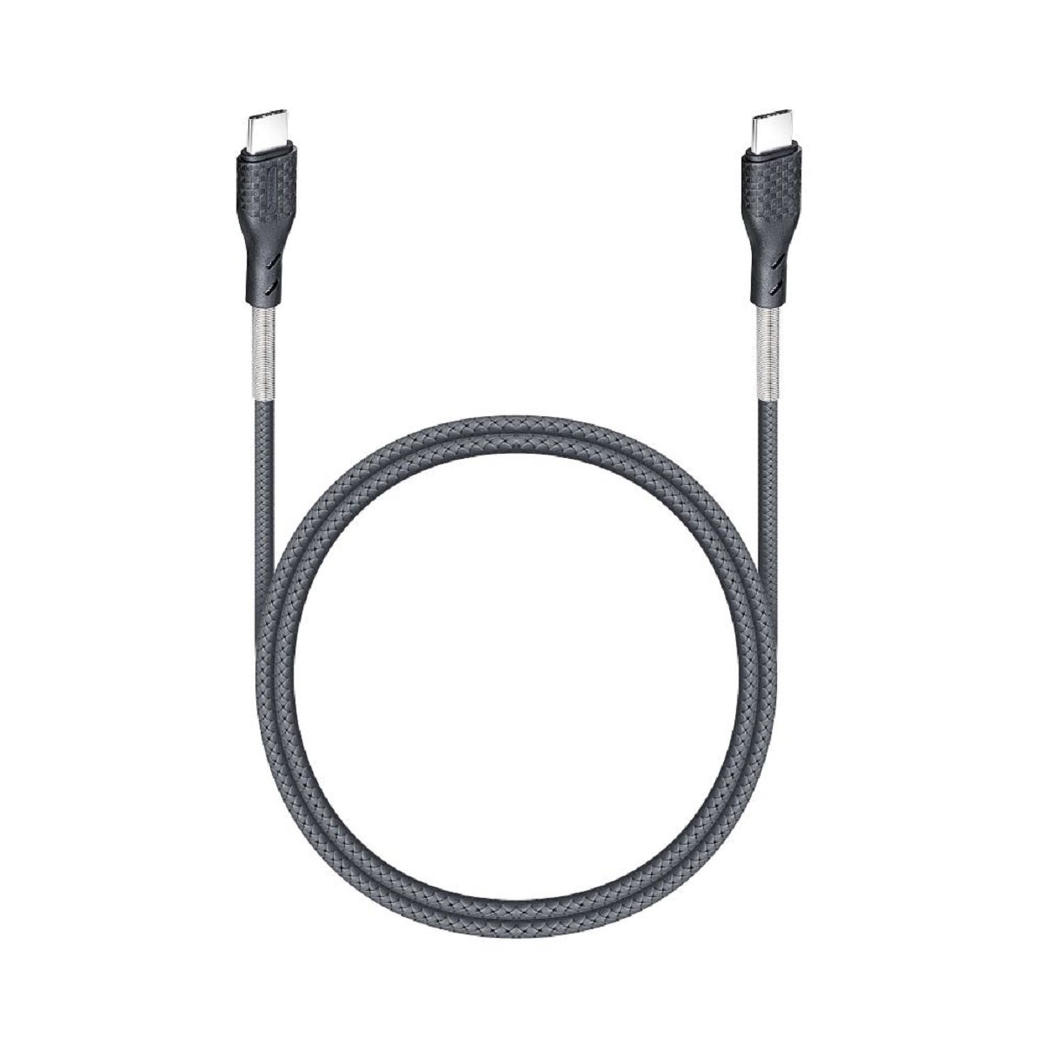 USB-C-Kabel, grau geflochten, mit USB-C-Anschlüssen an beiden Enden. Weißer Hintergrund.
