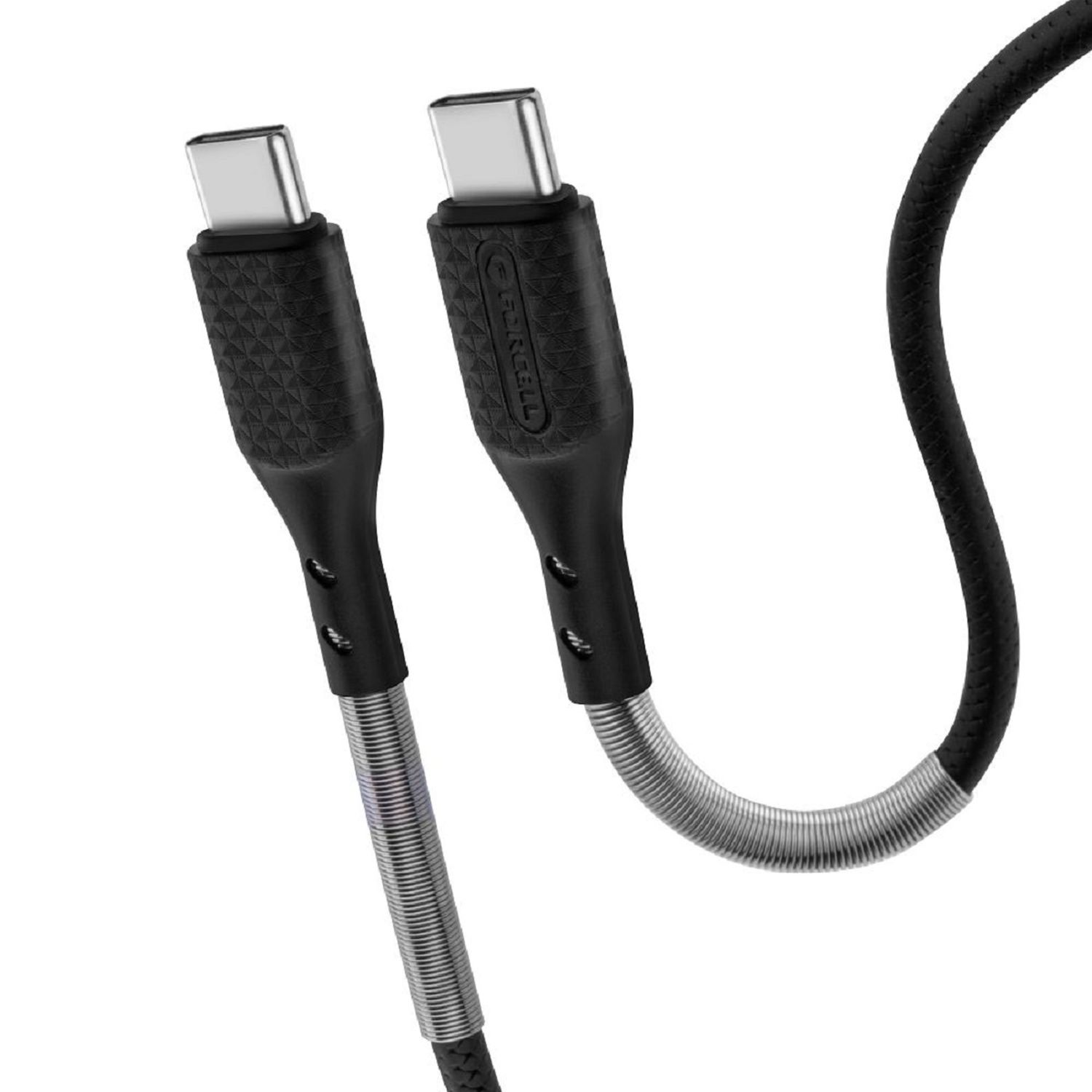 Zwei schwarze USB-C-Kabel mit metallischen, federartigen Abdeckungen und Steckern.