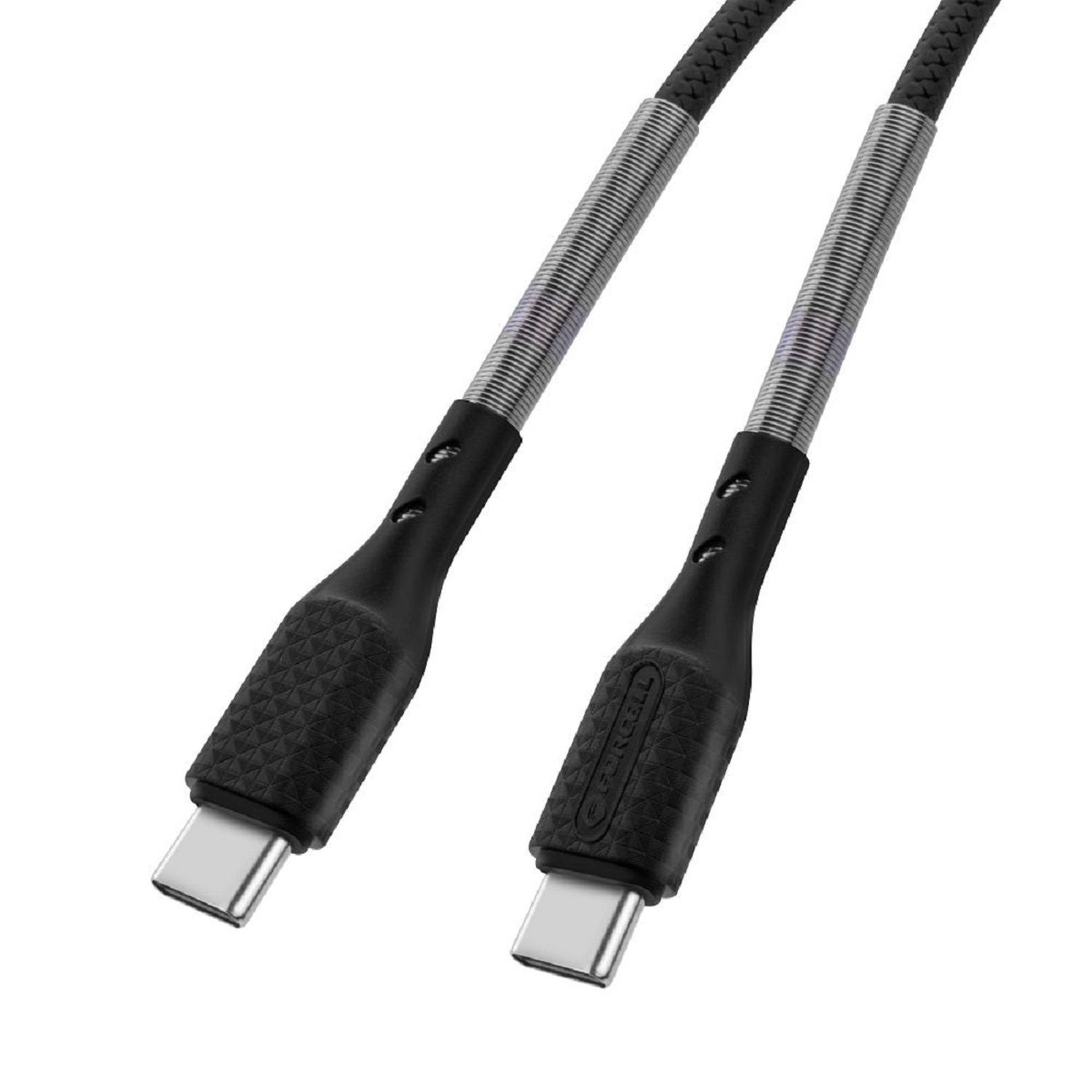 Zwei schwarze USB-C-Kabel mit Metallakzenten, Nahaufnahme vor weißem Hintergrund.