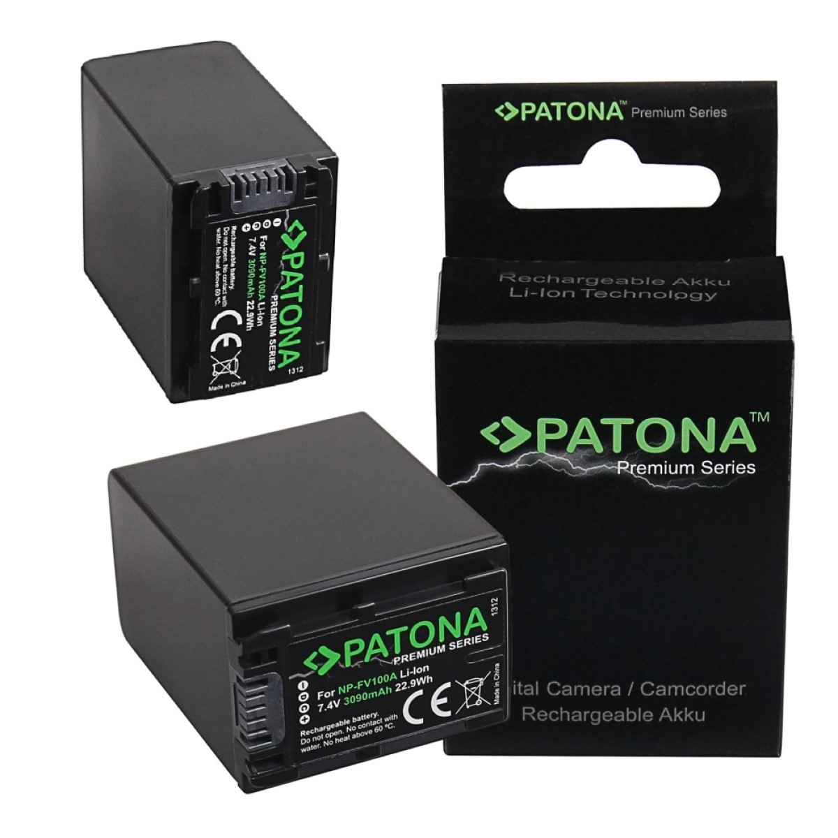 Kamerabatterien und eine Box. Die Batterien sind schwarz, die Box ist schwarz und mit 'Patona' und 'Premium Series' beschriftet.
