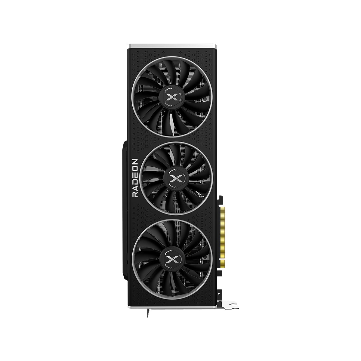 Scheda grafica nera e argento con tre ventole e il logo Radeon su sfondo bianco.