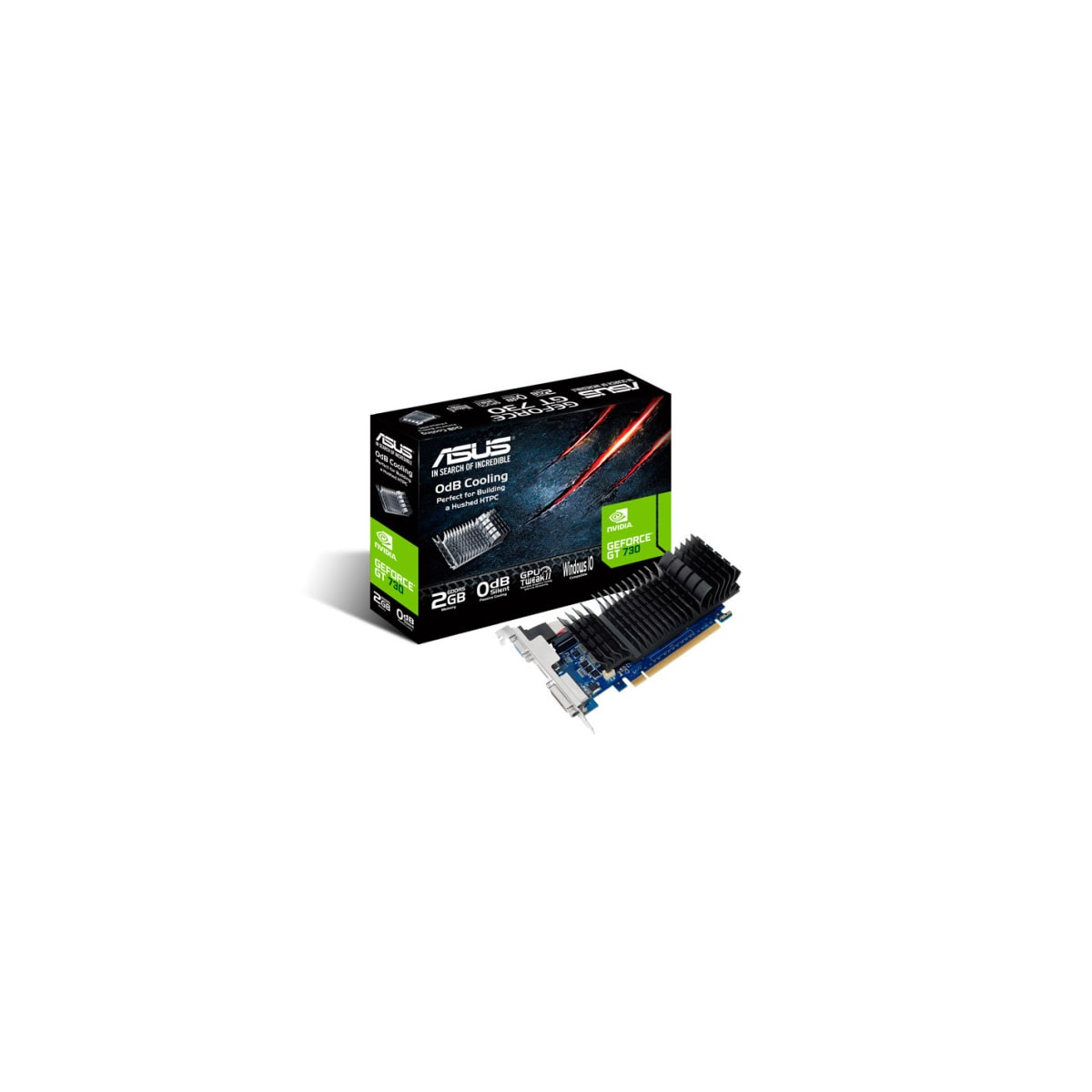 Scheda grafica Asus con scatola, con Nvidia GeForce, sistema di raffreddamento e 2 GB di memoria.