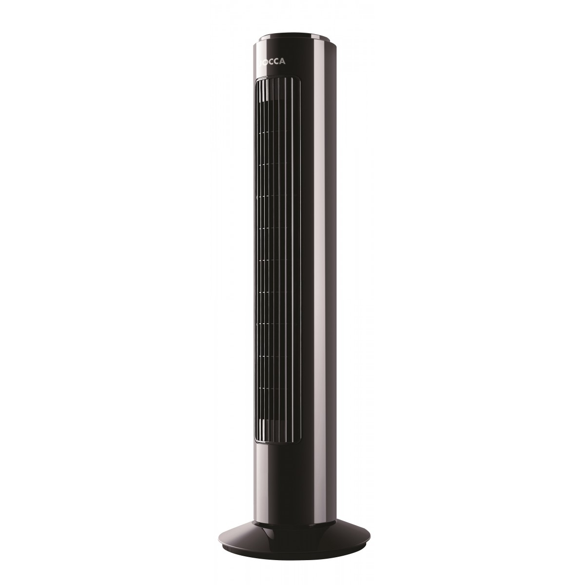Un ventilador de torre negro alto con base ovalada, sobre una superficie blanca.