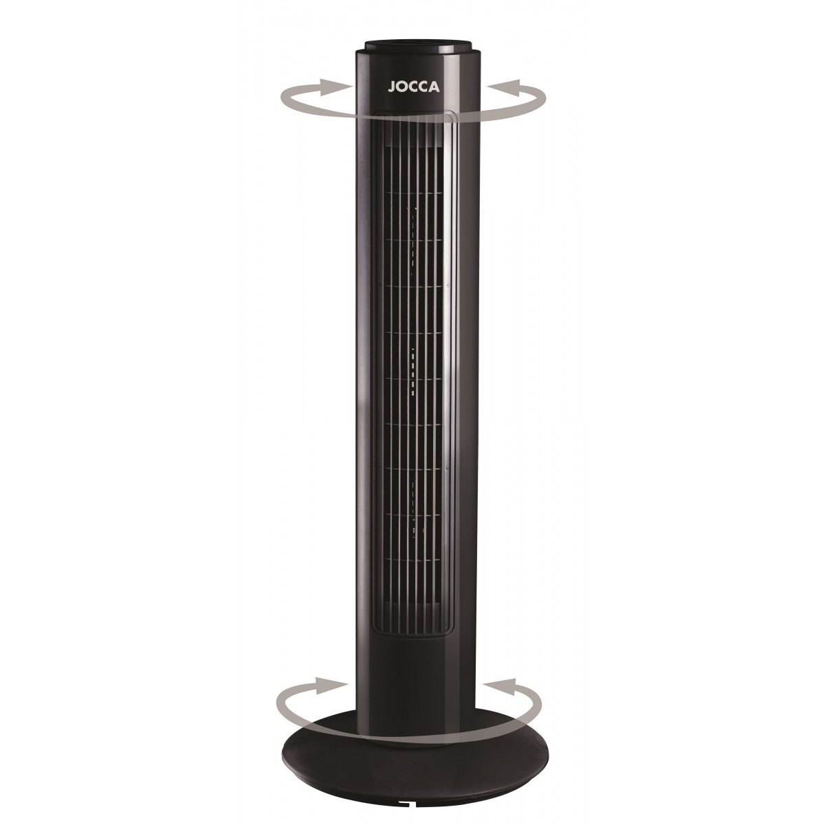 Ventilador de torre JOCCA negro con flechas giratorias. Fondo blanco.