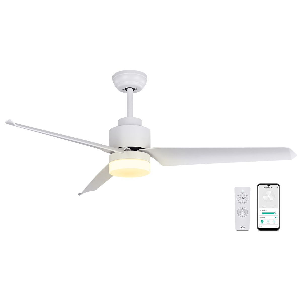 Biały wentylator sufitowy z trzema łopatkami, światłem, pilotem i aplikacją na telefon.