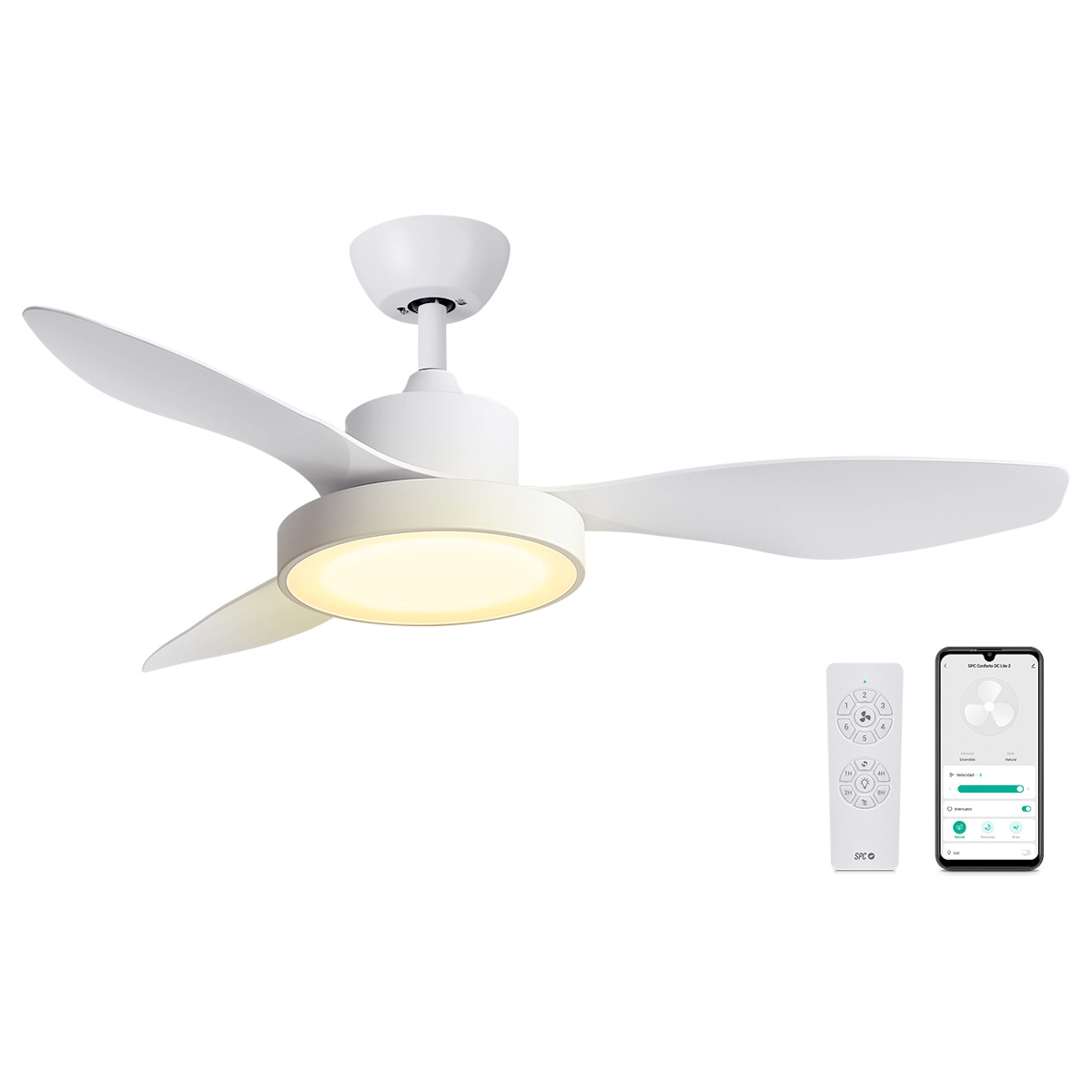 Biały wentylator sufitowy z trzema łopatkami, światłem, pilotem i interfejsem smartfona.