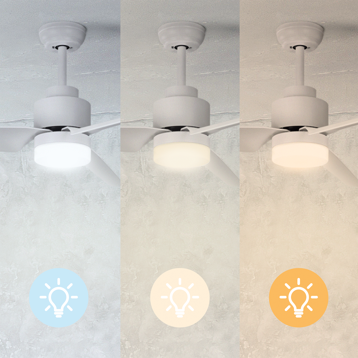 Wentylator sufitowy w trzech różnych trybach oświetlenia: jasnym, ciepłym i chłodnym.