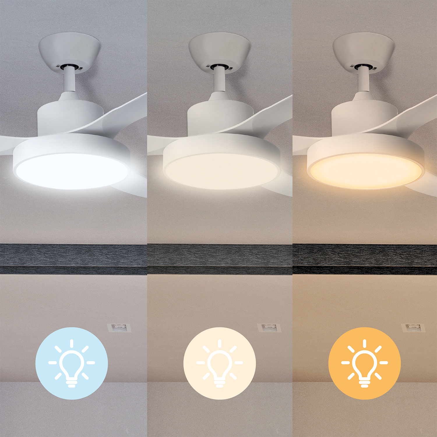 Trzy wentylatory sufitowe z różnymi ustawieniami światła: jasne, ciepłe i neutralne. Szare tło.