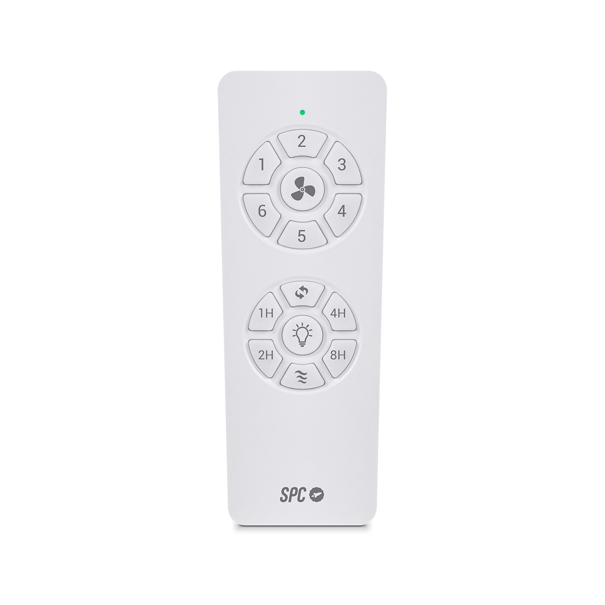 Biały pilot z ponumerowanymi przyciskami i ikonami do regulacji prędkości wentylatora i ustawień timera.