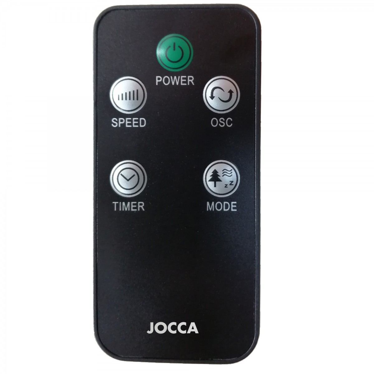 Mando a distancia JOCCA negro con botones para encendido, velocidad, temporizador y modo. Fondo blanco.