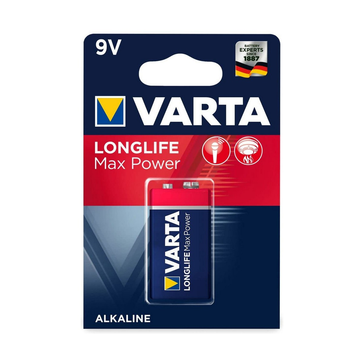 VARTA 9V-Batterie in einer Verpackung mit Markenname und Bildern.