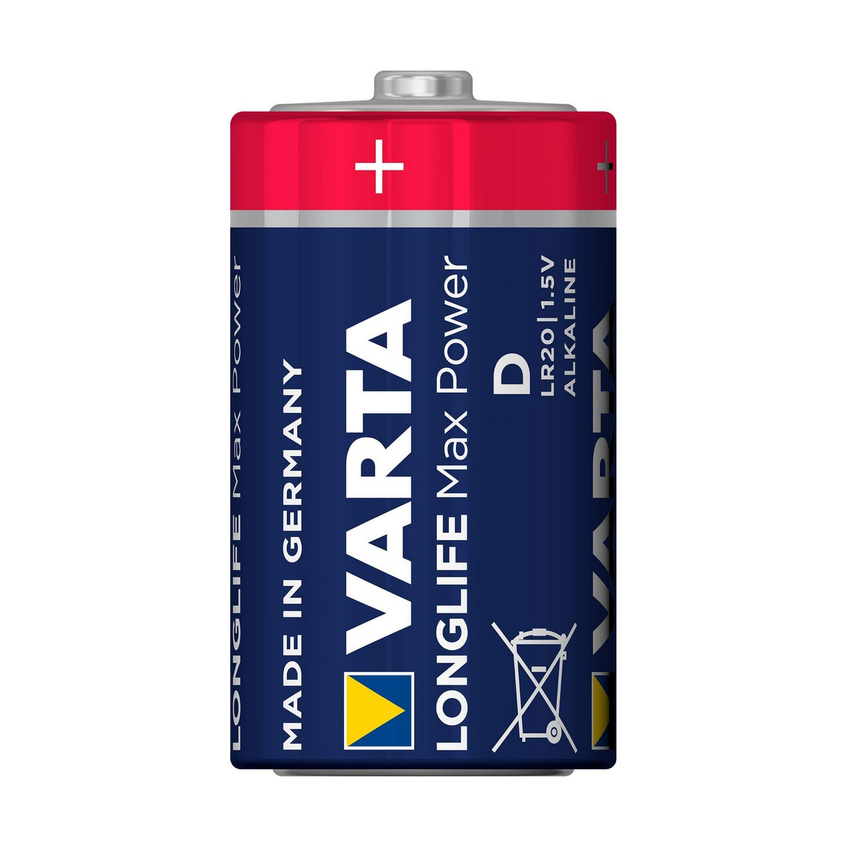 Pila VARTA formato D blu con parte superiore rossa. Segno positivo (+) visibile.