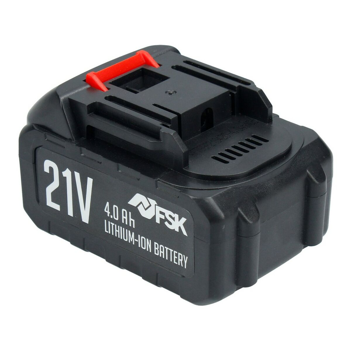 Batería de iones de litio negra y gris de 21 V 4,0 Ah. Logotipo FSK visible.