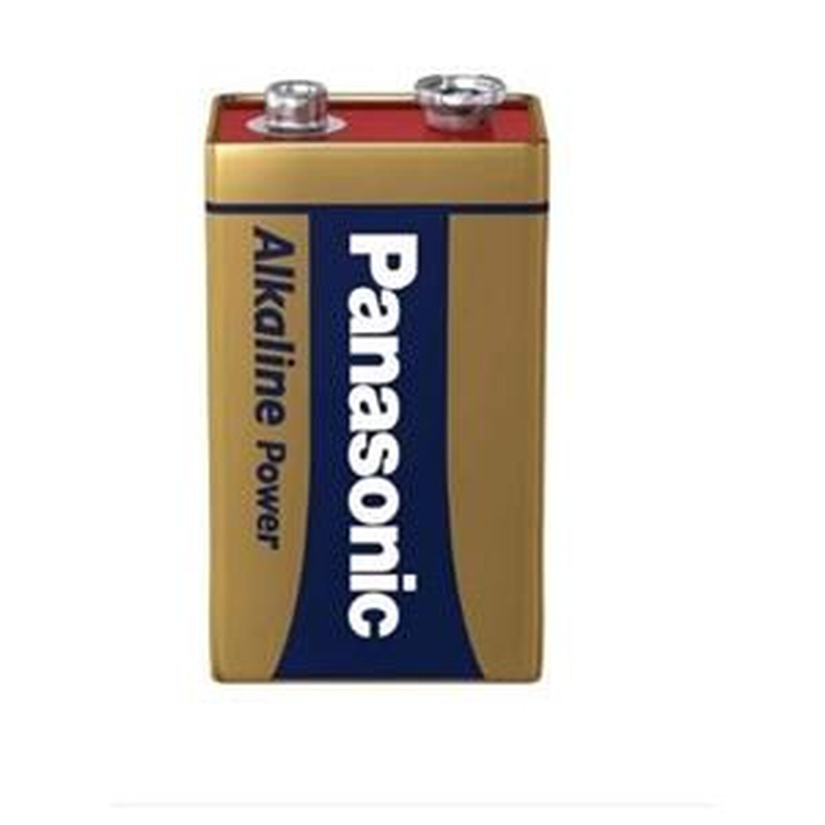 Eine rechteckige goldene und blaue Panasonic 9V-Batterie mit Anschlüssen oben auf weißem Hintergrund.