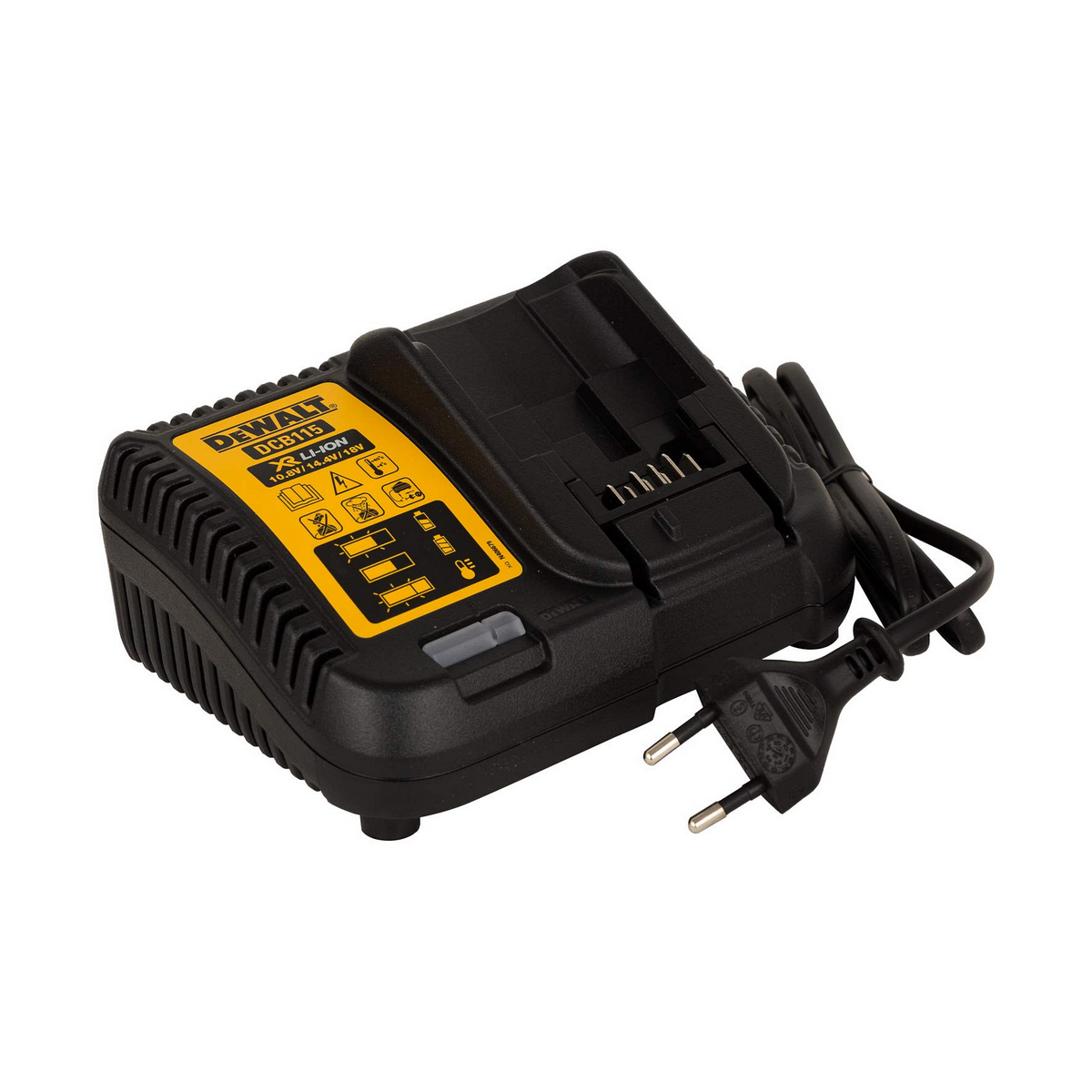 Cargador DeWalt negro con etiqueta amarilla, aislado sobre fondo blanco.