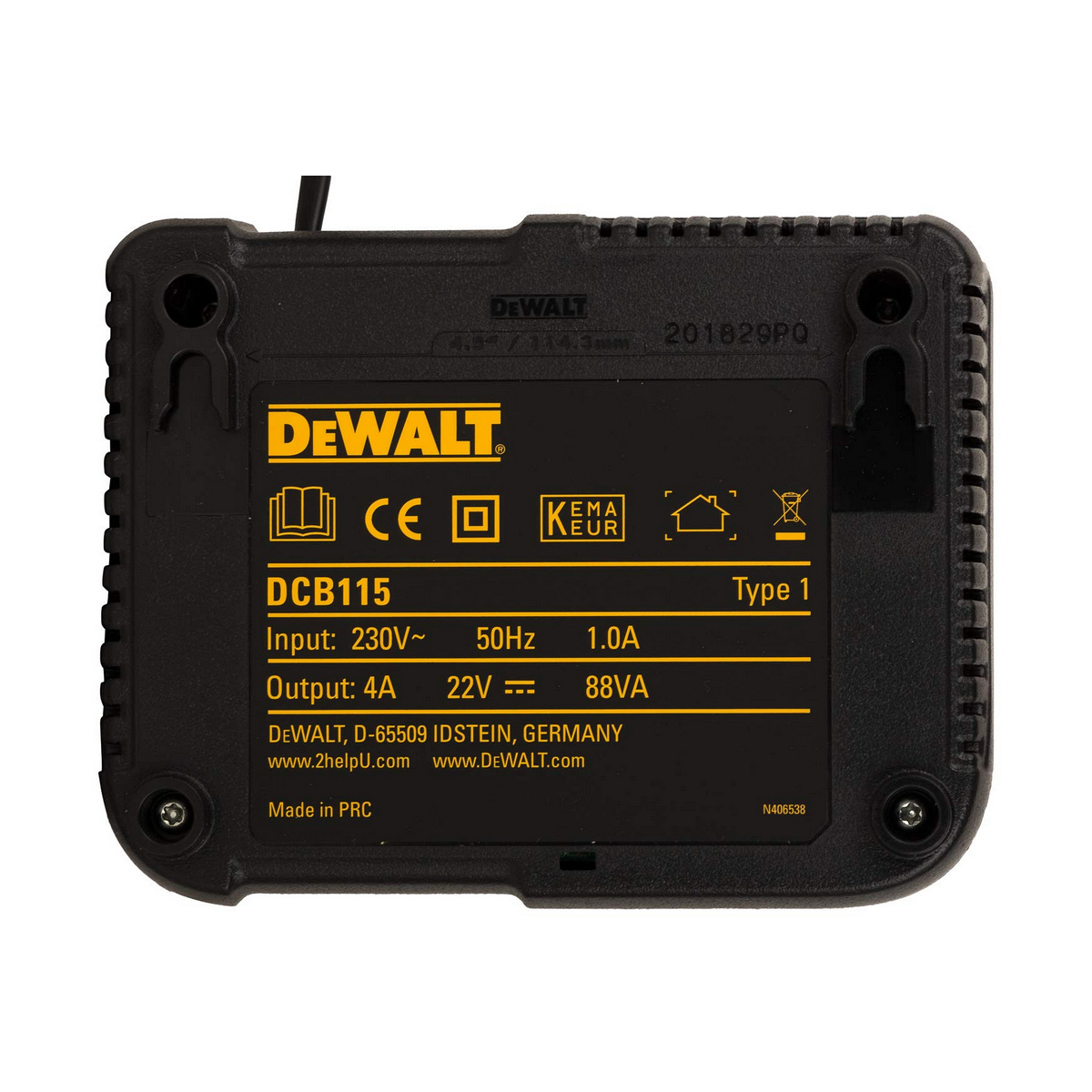 Cargador DeWalt negro y amarillo con texto y símbolos sobre fondo blanco.
