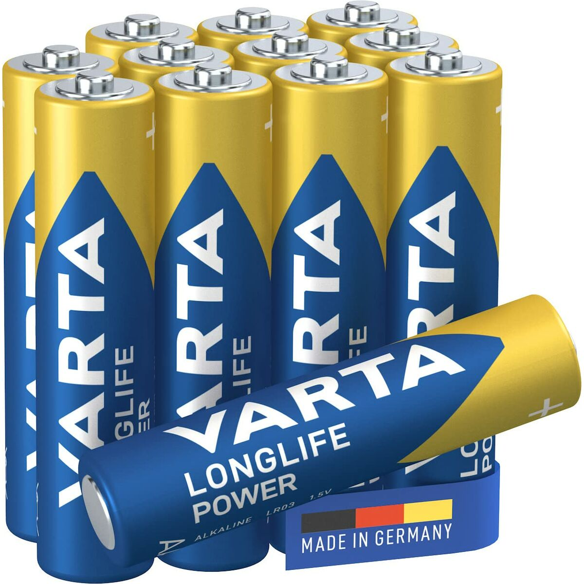 Un primo piano di batterie AA con un design blu e giallo, disposte in un gruppo.