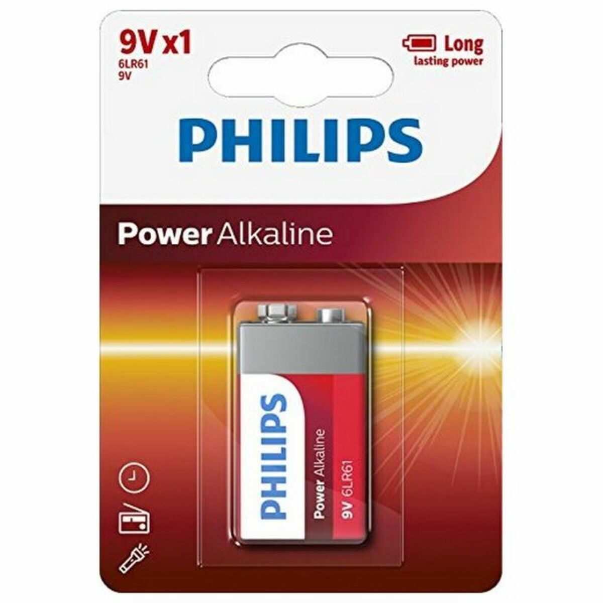 Opakowanie baterii 9V. Kolor czerwono-biały. Marka Philips. Białe tło.