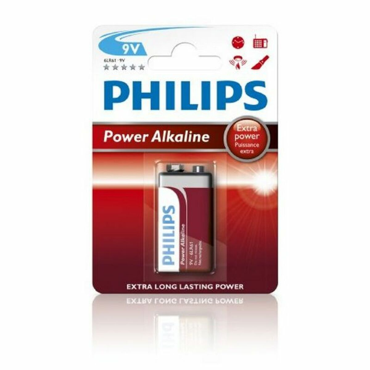 Bateria Philips 9V w czerwono-białym opakowaniu, z nazwą marki i tekstem.