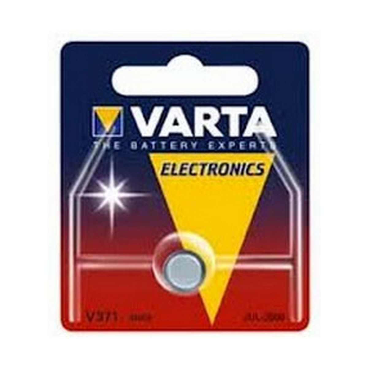 Una batteria Varta Electronics in un blister. La confezione è blu, gialla e rossa.