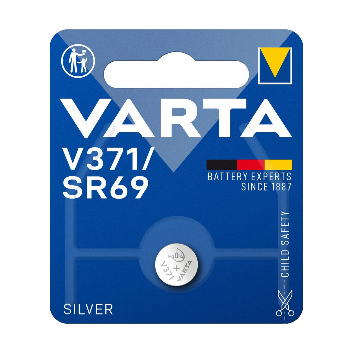 Un pacco batteria VARTA blu e bianco con testo e un simbolo di sicurezza per bambini.