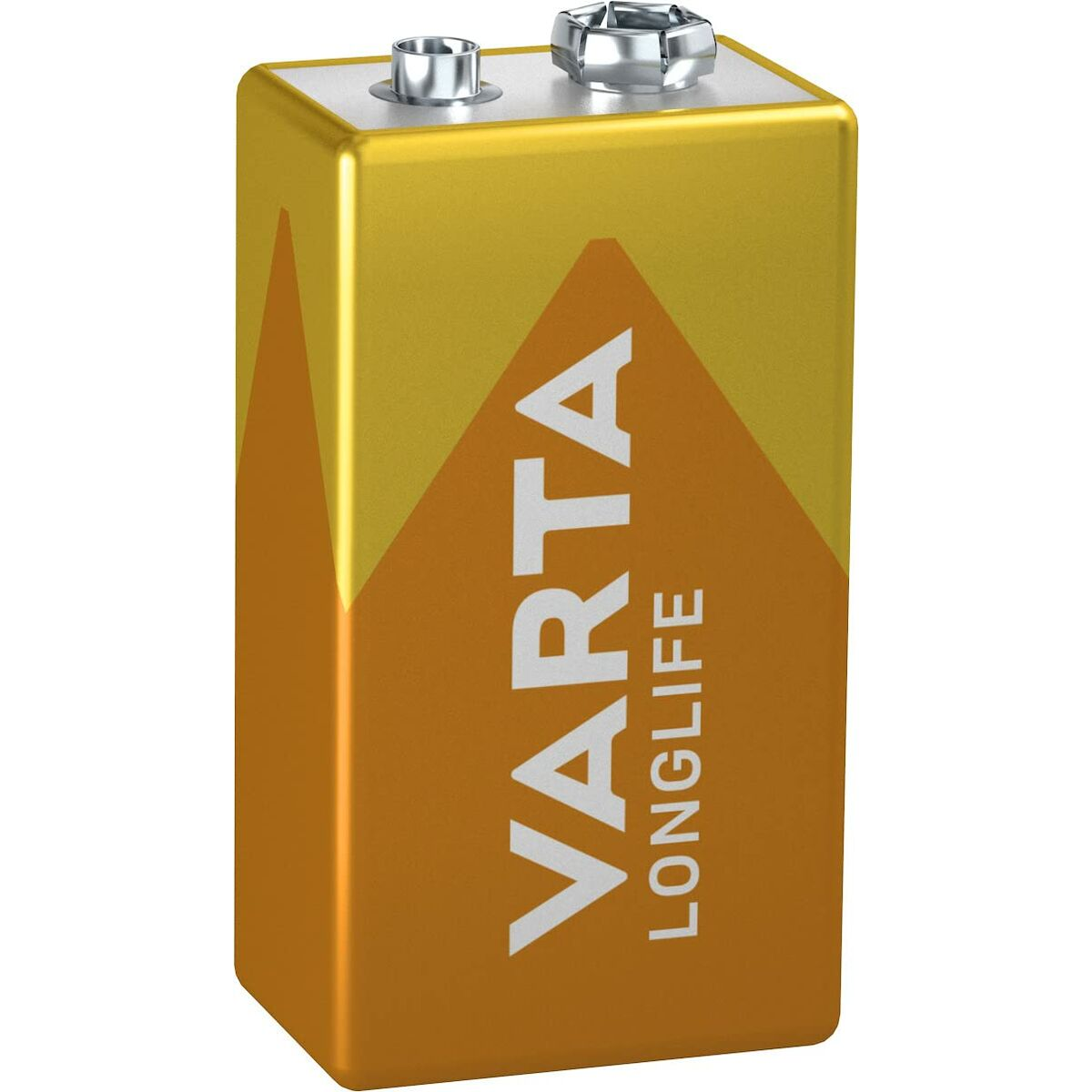 Een VARTA LONG LIFE 9V batterij. Hij is geel met een wit logo en een zwarte bovenkant.