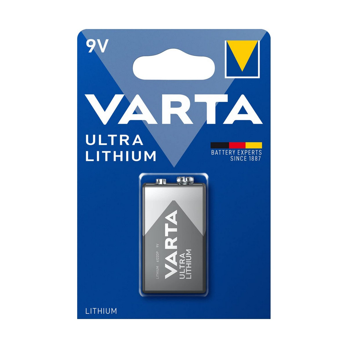Varta Ultra Lithium 9V battery in a blue and white package.
