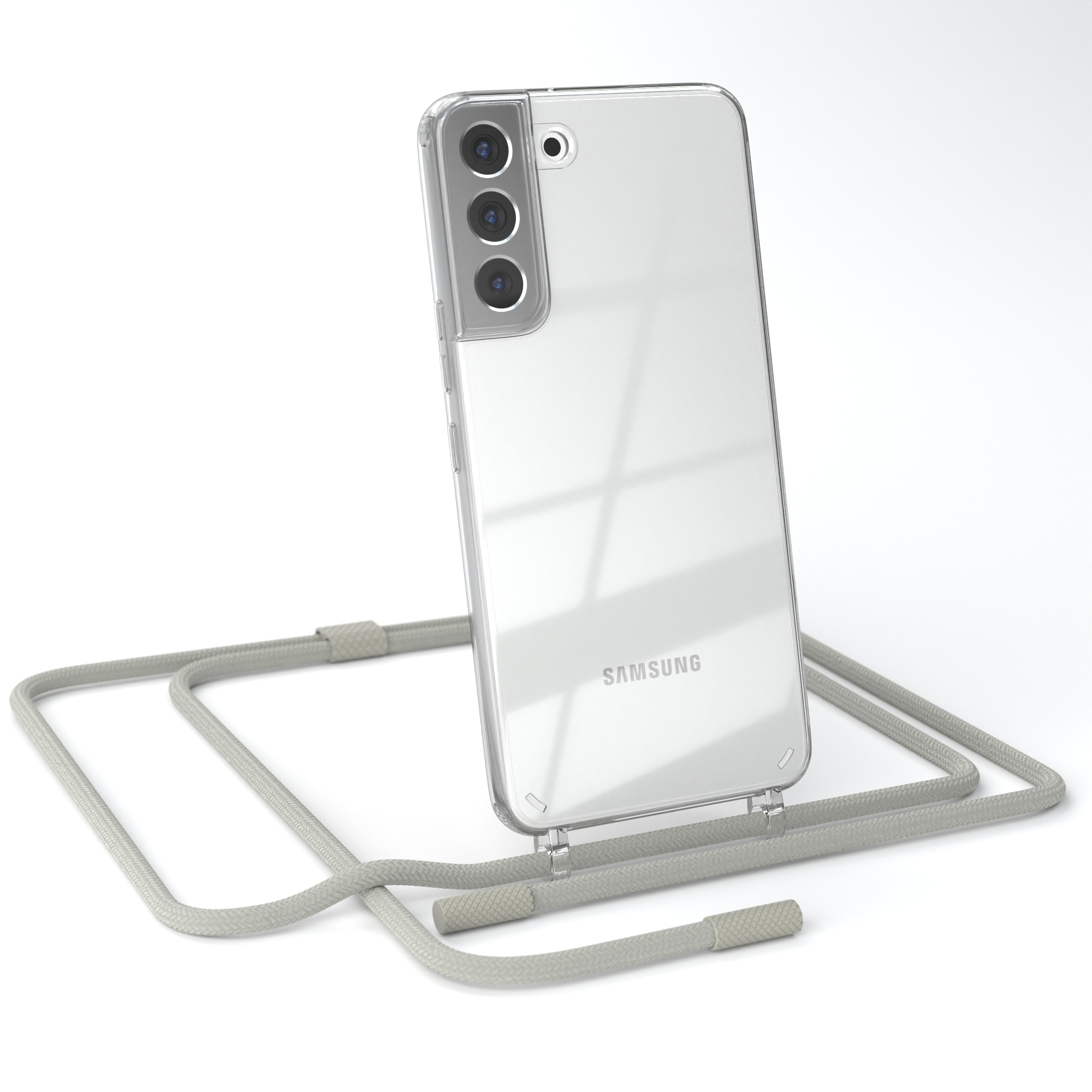 Transparente Handyhülle auf einem Samsung-Handy mit grauem Schlüsselband. Weißer Hintergrund.