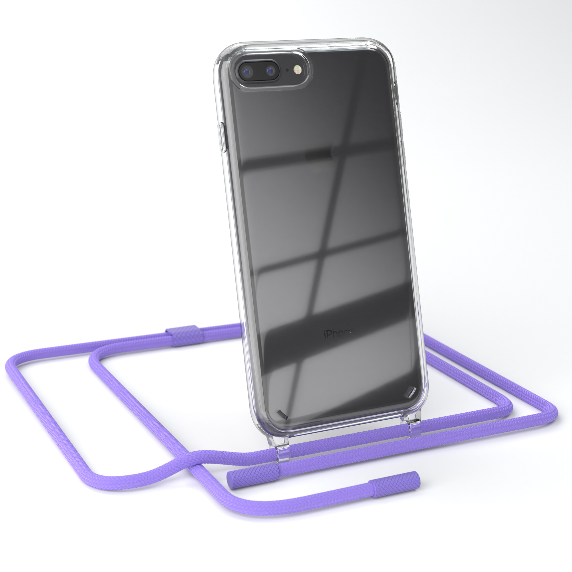Transparente iPhone-Hülle mit lila Kordel. Das Telefon befindet sich in der Hülle.