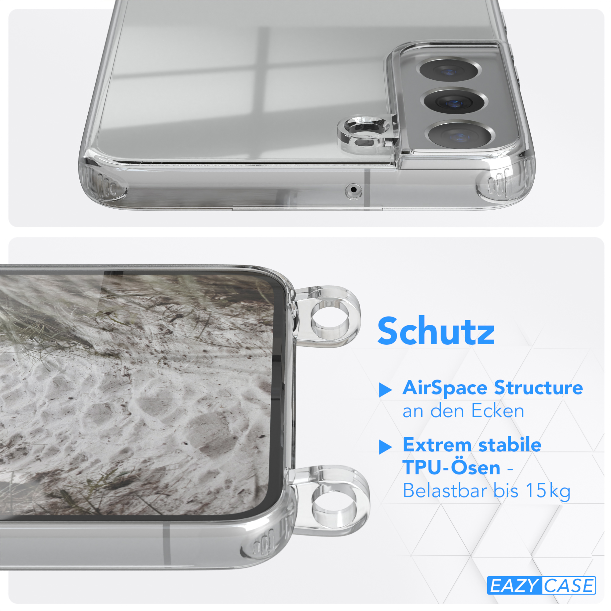 Eine transparente Handyhülle mit einem Telefon im Inneren, Nahaufnahme der Kanten und Ecken.