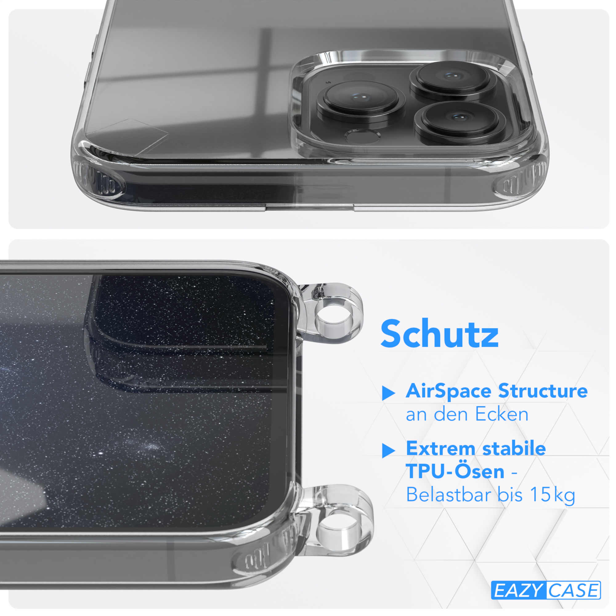 Transparente Handyhülle mit strukturiertem Hintergrund und Schutzmerkmalen.