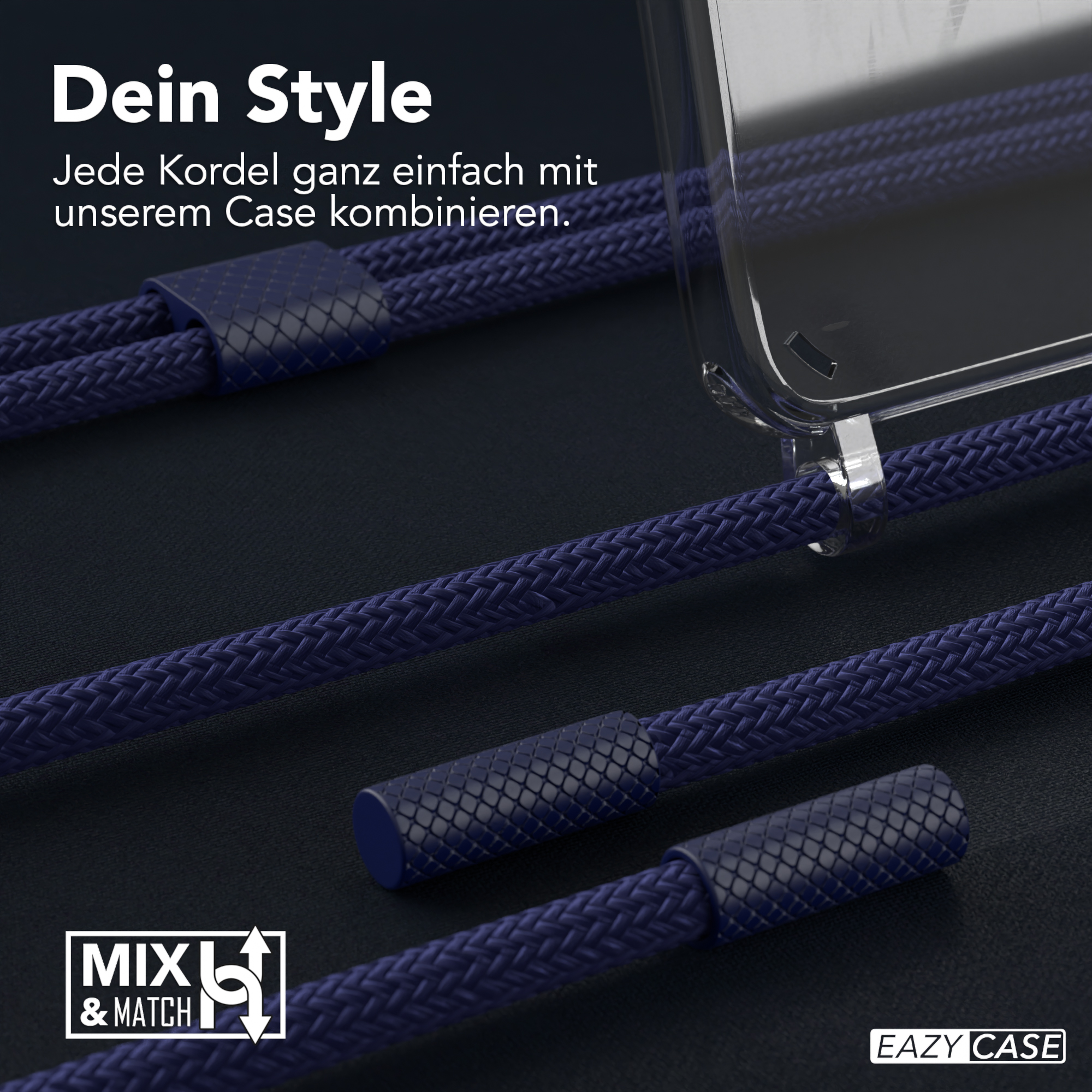 Nahaufnahme von blauen Telefonschnüren und einer durchsichtigen Handyhülle, die das Produkt zeigen.