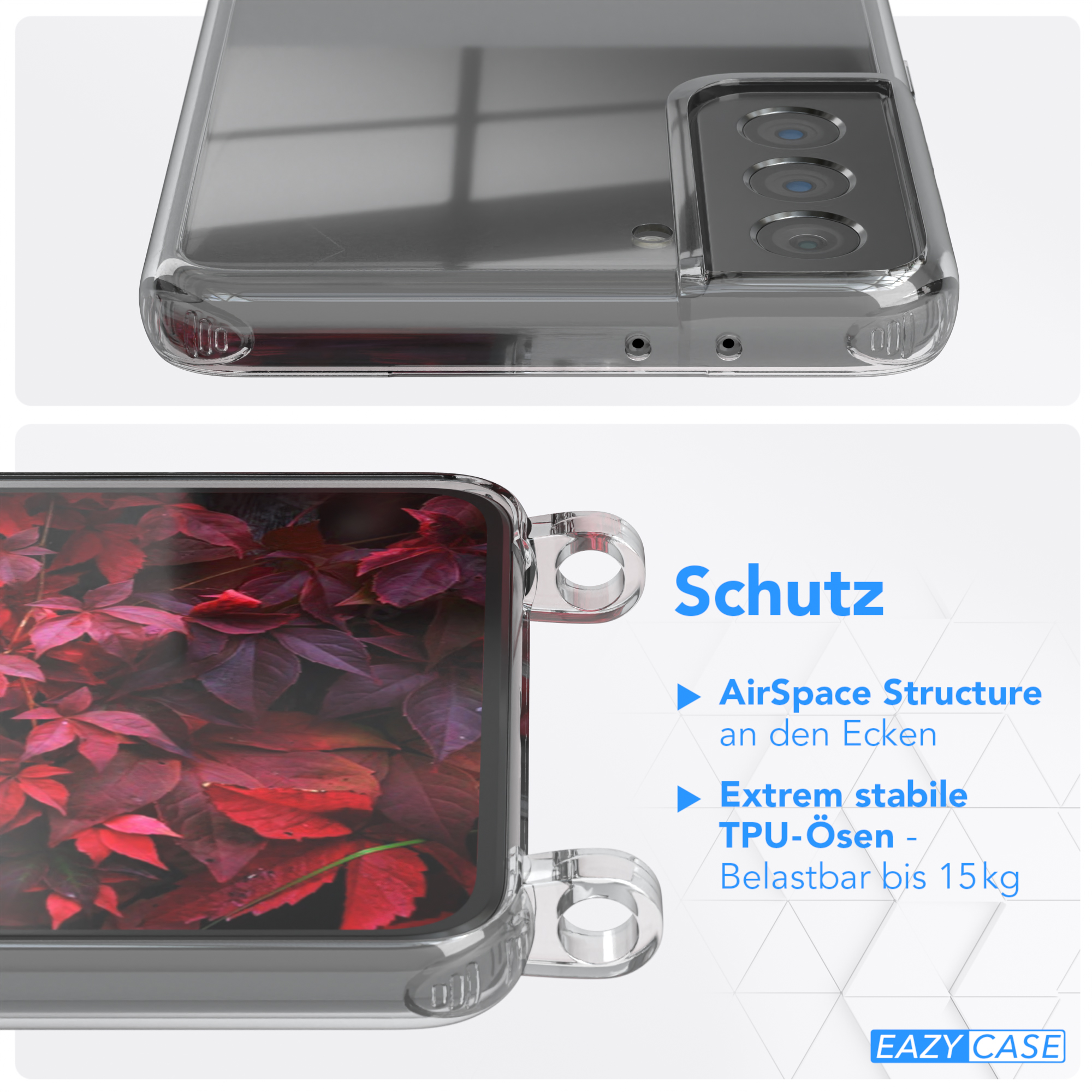 EAZY CASE Transparente Beere runder Galaxy S21 mit / Bordeaux Samsung, 5G, Handyhülle Rot Plus Umhängetasche, Kette unifarbend