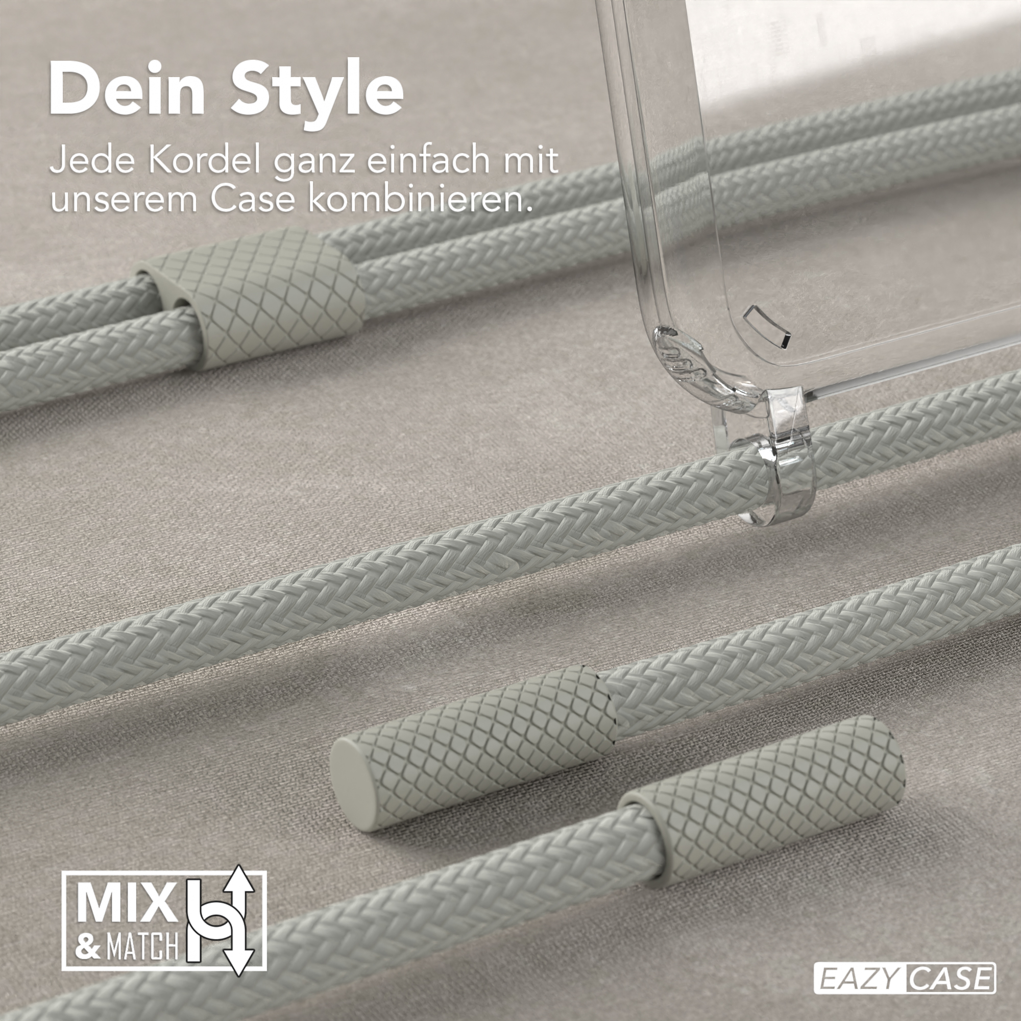 Nahaufnahme von grauen Telefonkabeln und -hüllen, mit dem Text 'Mix & Match'.