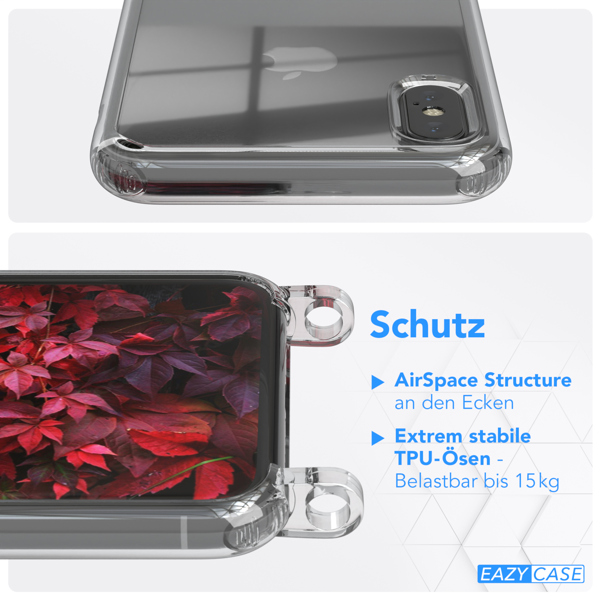 Transparente Handyhülle auf weißem Hintergrund, mit rotem Blattmuster im Inneren. Text: Schutz.