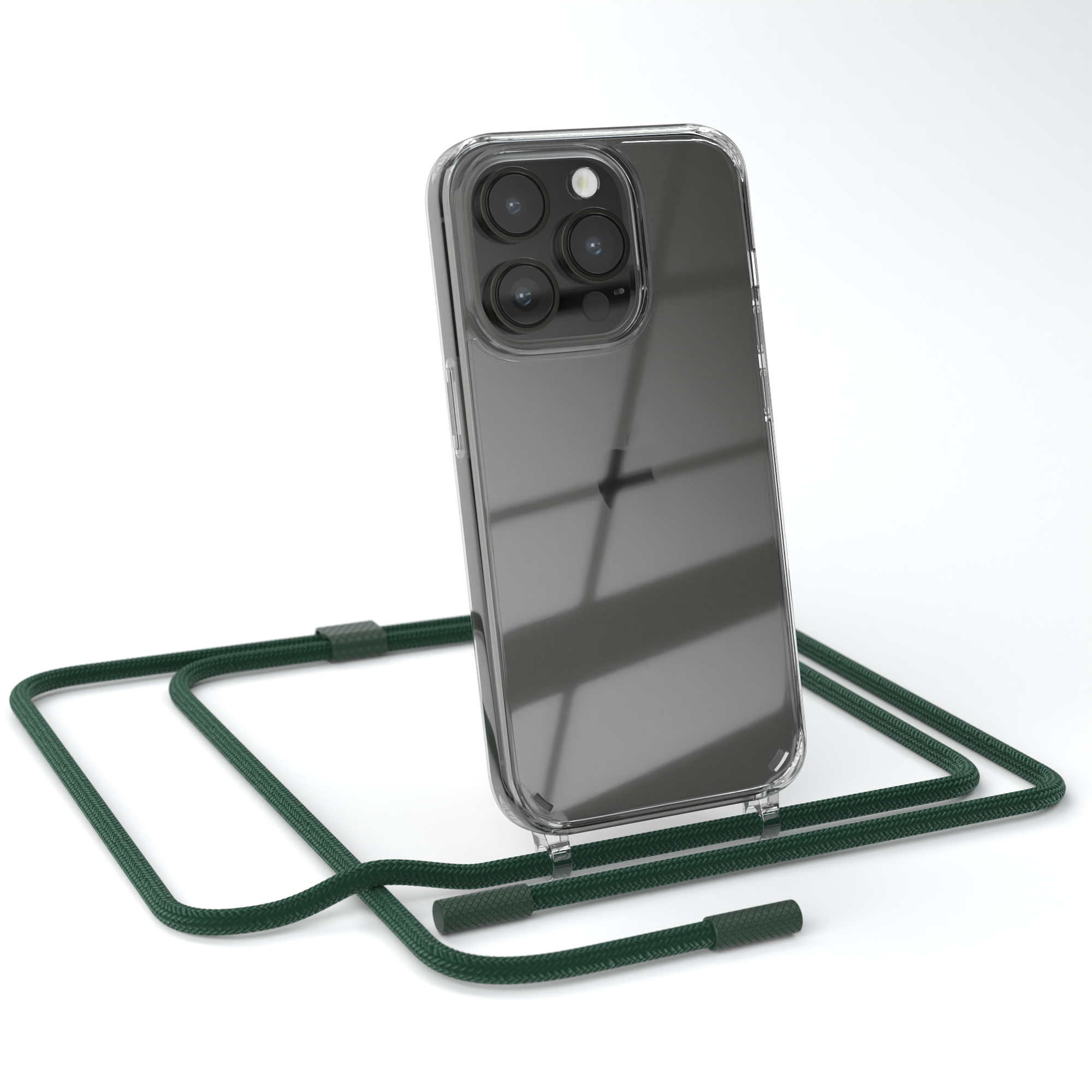 Transparente Handyhülle mit grüner Kordel. Das Telefon ist klar und hat das Apple-Logo.