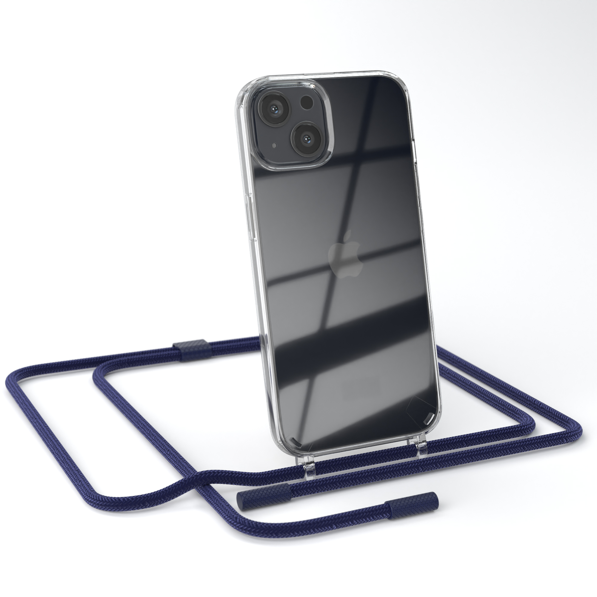Transparente Handyhülle mit marineblauem Gurt. Das Telefon hat eine Dual-Kamera.