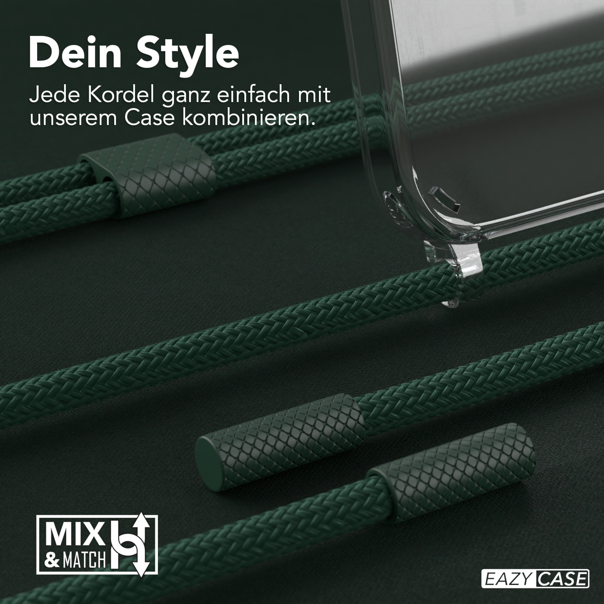 Nahaufnahme von grünen geflochtenen Kordeln mit einer Handyhülle, zeigt das 'MXL & MATCH'-Logo.