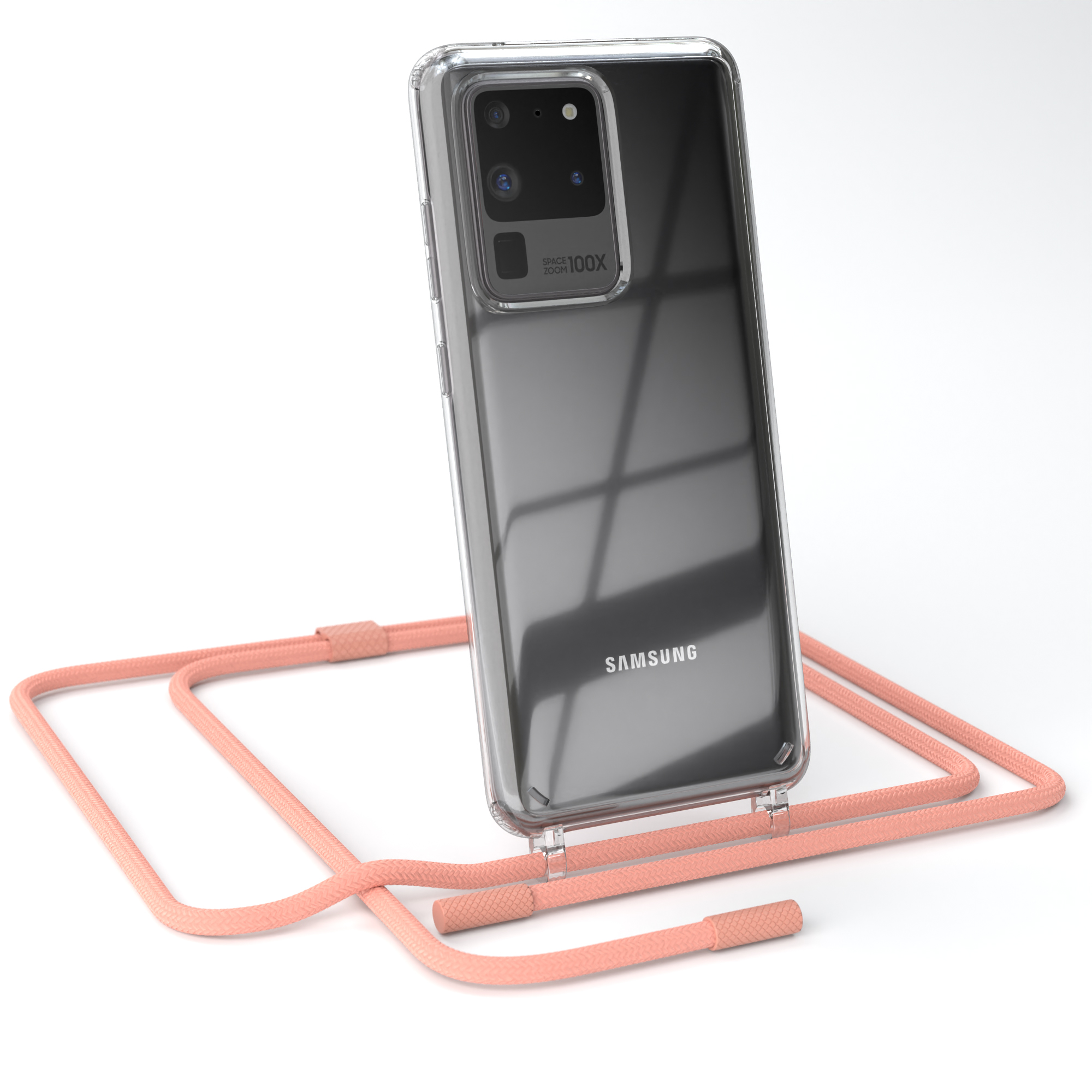 Transparente Handyhülle mit pinkfarbenem Lanyard.