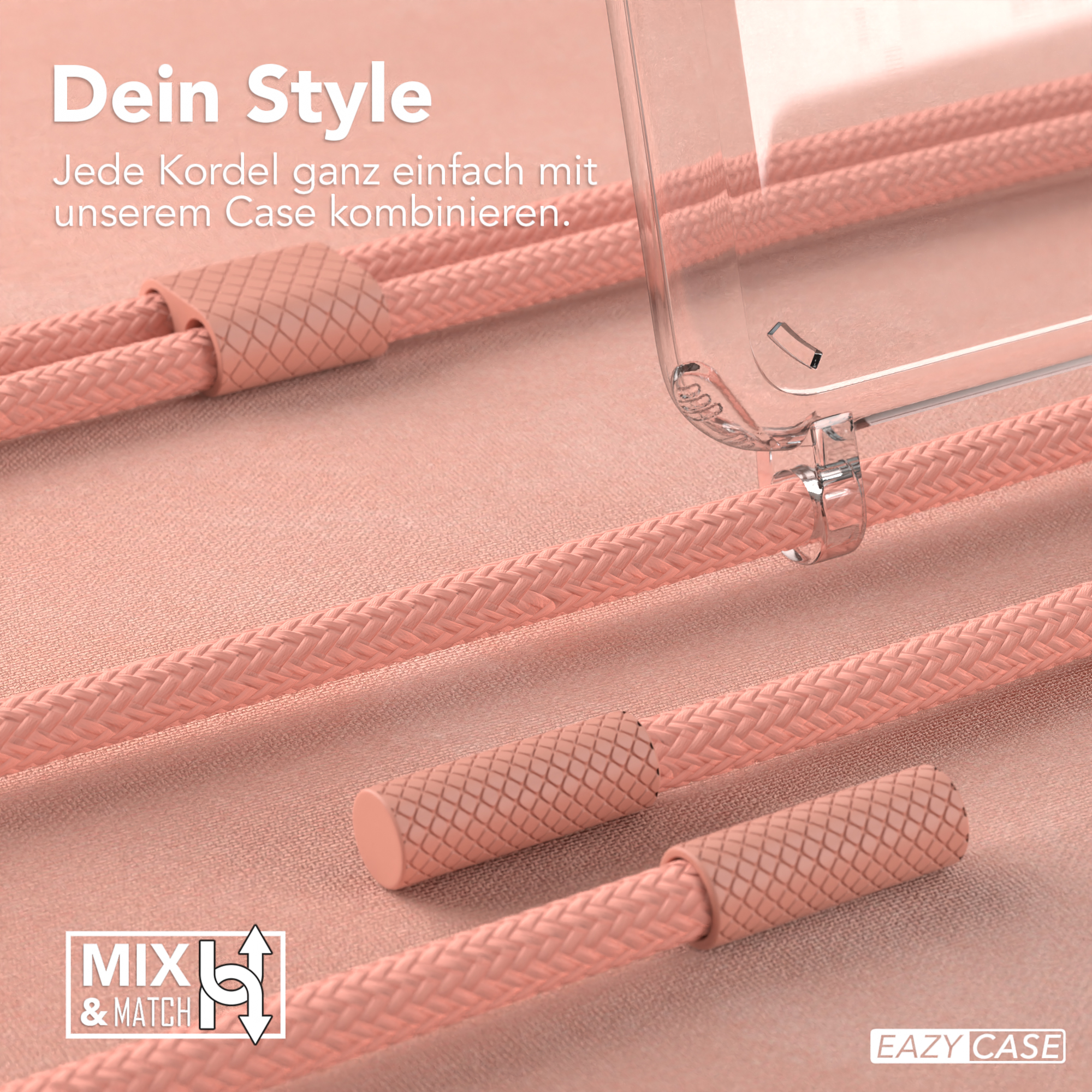 Rosa Schnüre und eine transparente Handyhülle auf rosa Oberfläche. Text auf Deutsch.