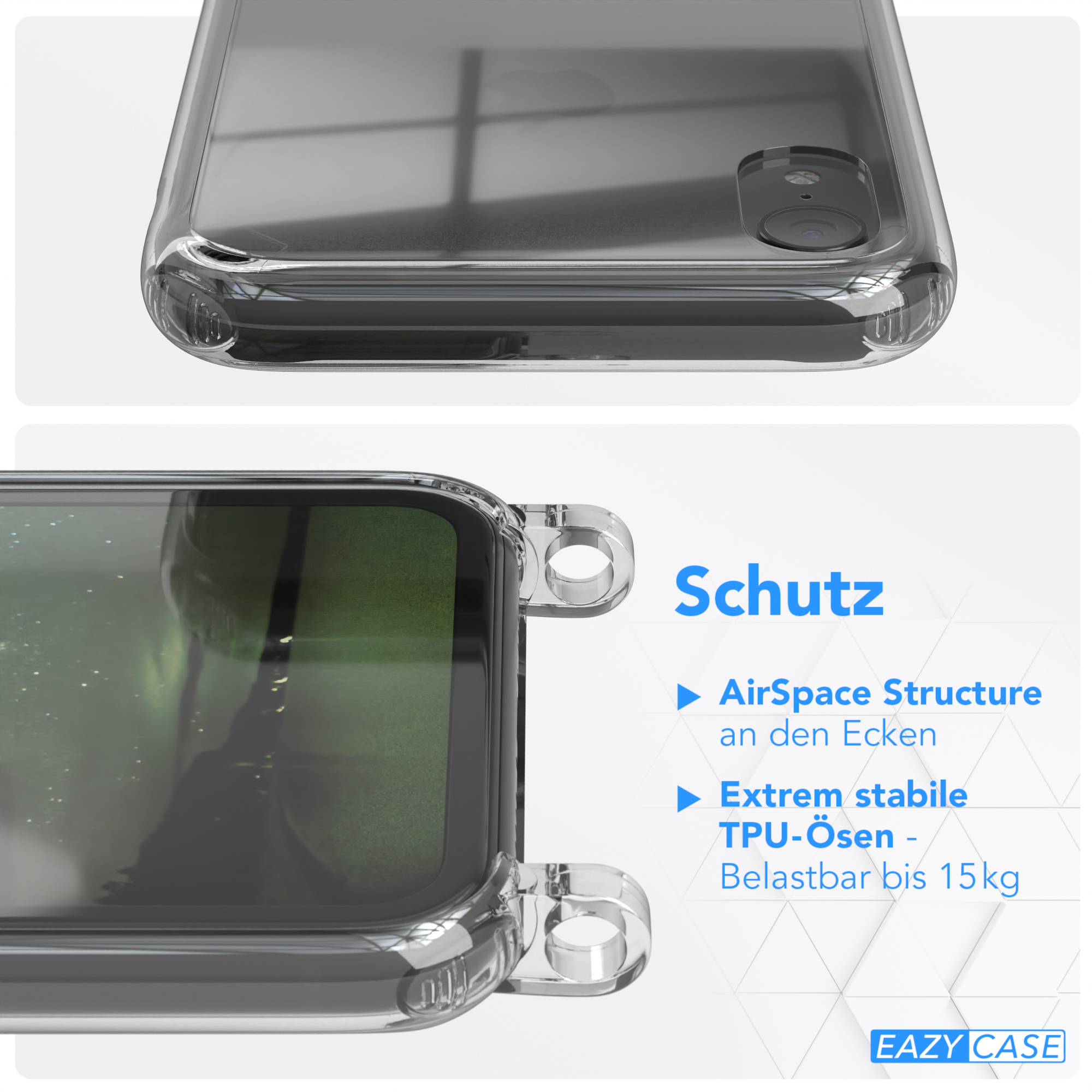 Eine transparente Handyhülle mit einem Telefon darin, die Struktur und die Schutzfunktionen zeigend.
