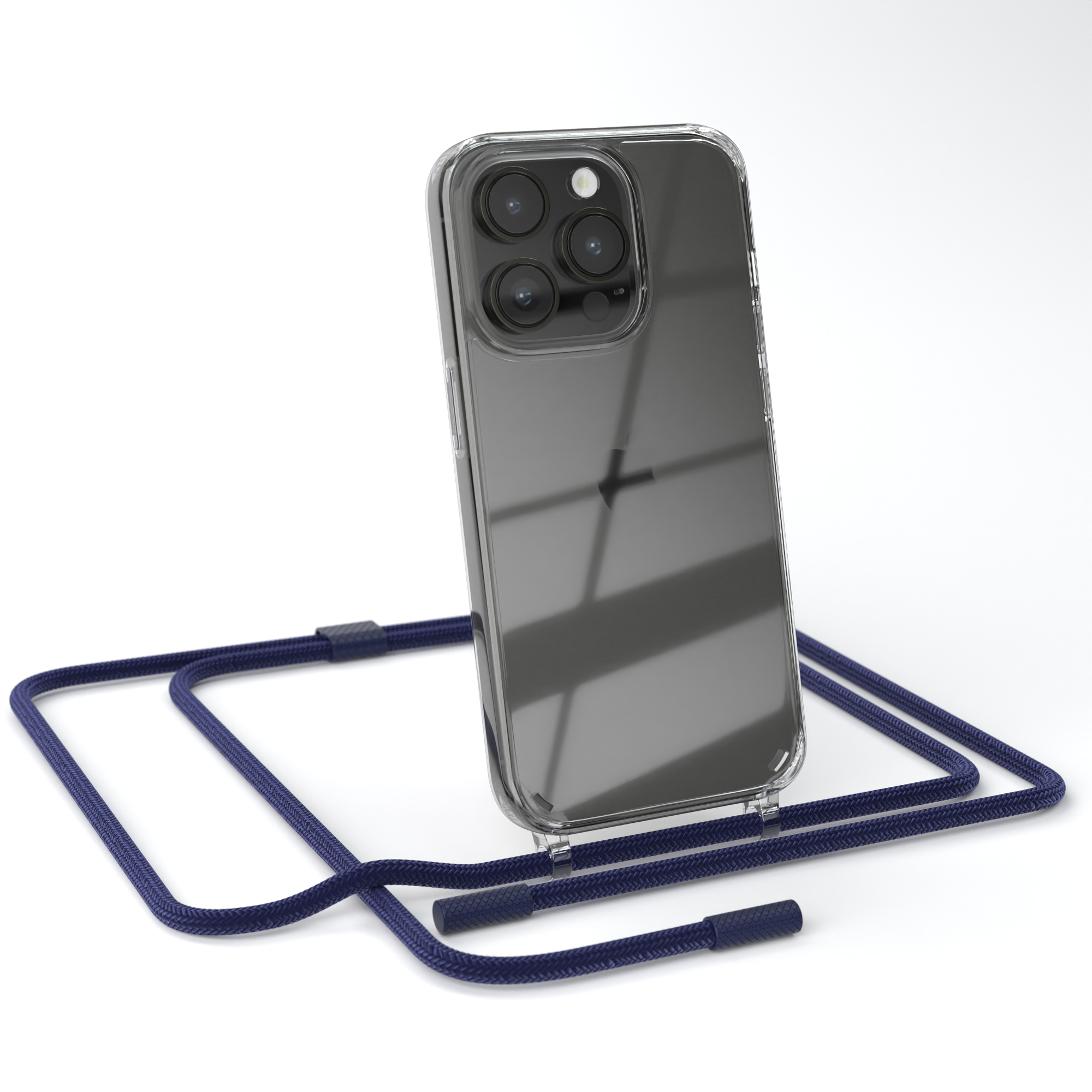 Transparente Handyhülle mit marineblauem Kordel. Telefon sichtbar. Weißer Hintergrund.