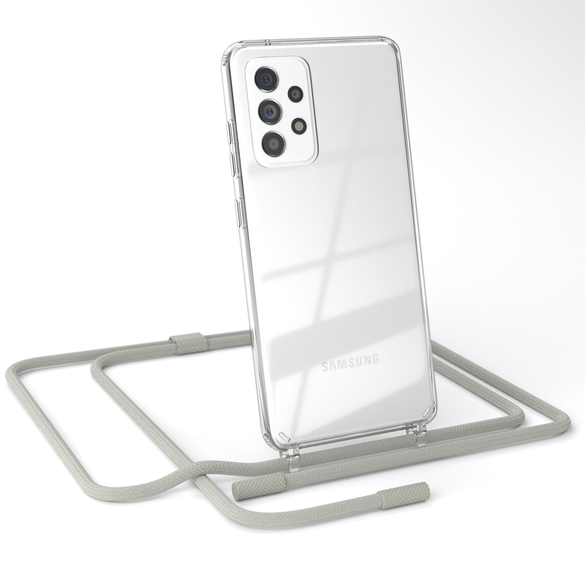 Transparente Handyhülle mit grauem Umhängeband. Weißer Hintergrund. Telefon hat mehrere Kameras.