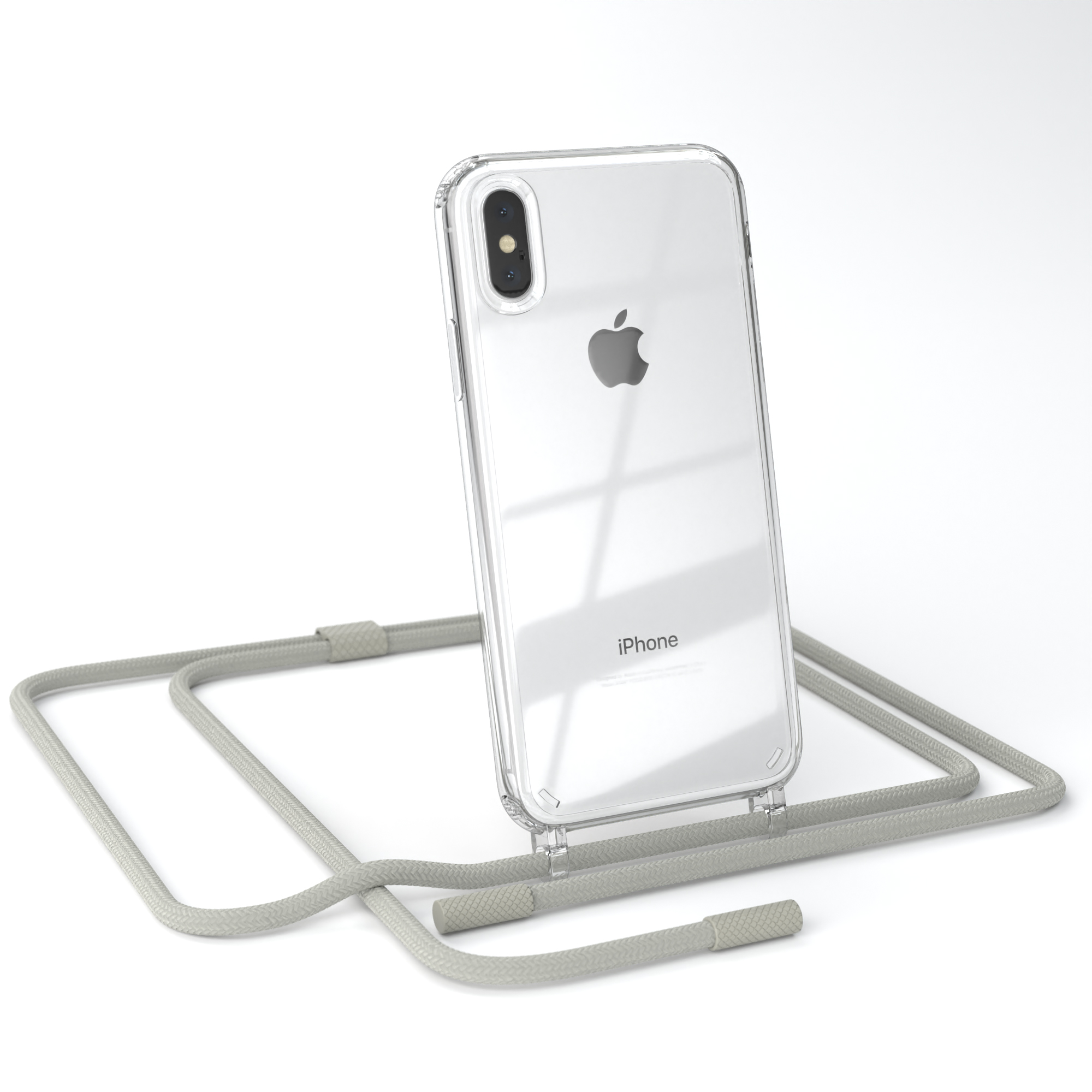 iPhone in einer klaren Hülle mit grauem Umhängeband. Das Telefon ist zentriert. Weißer Hintergrund.