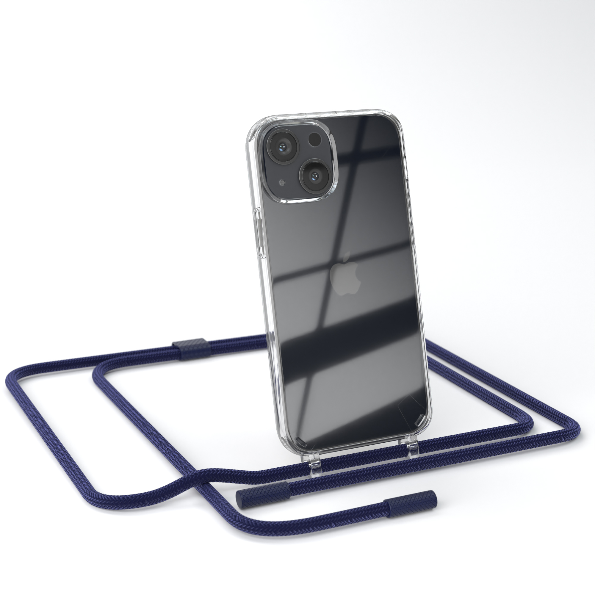 Transparente Handyhülle mit blauem Riemen, Telefon mit Apfel-Logo auf weißer Oberfläche.