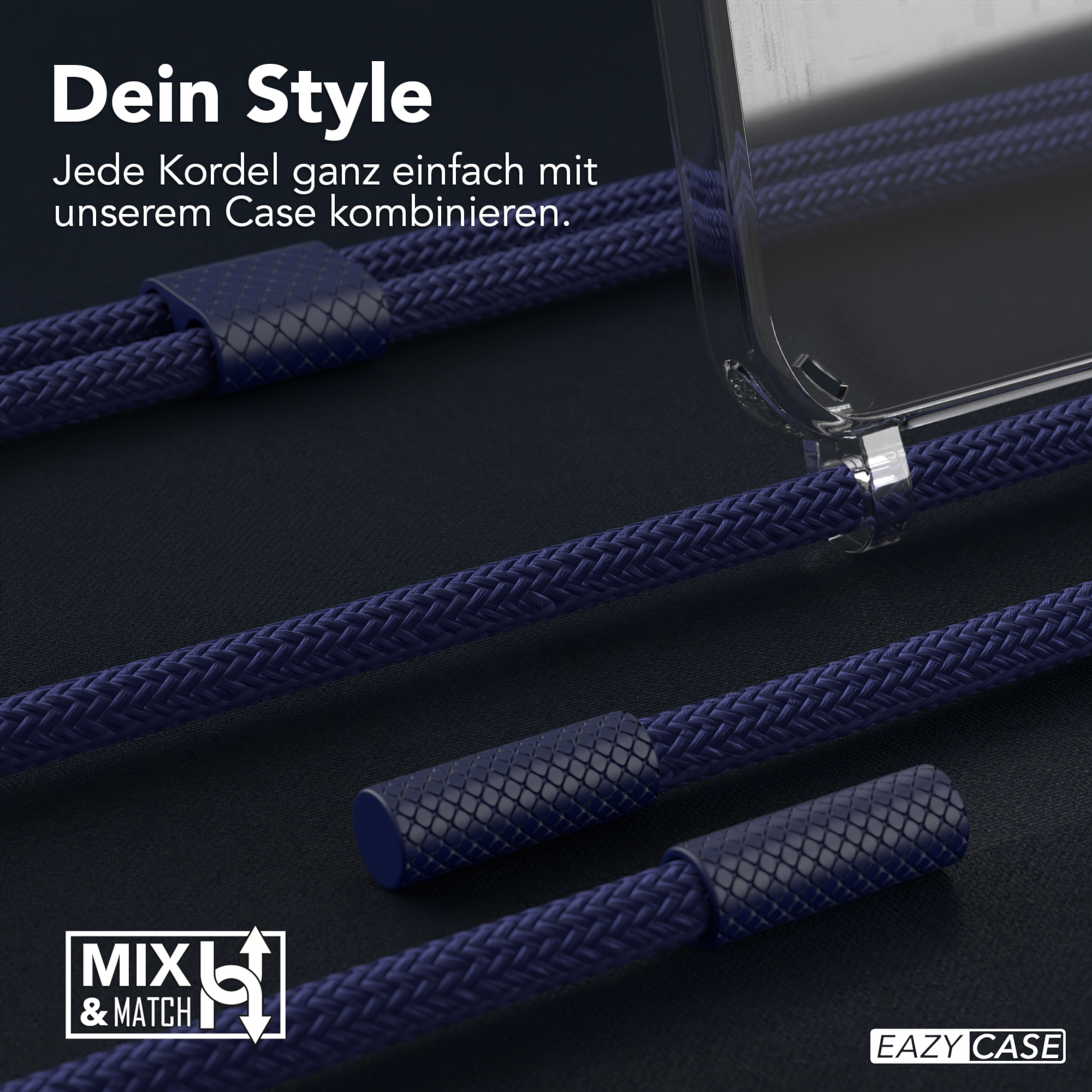 Nahaufnahme einer blauen Handykordel und einer transparenten Handyhülle mit dem Text 'Dein Style' und dem Logo 'MXL & MATCH'.