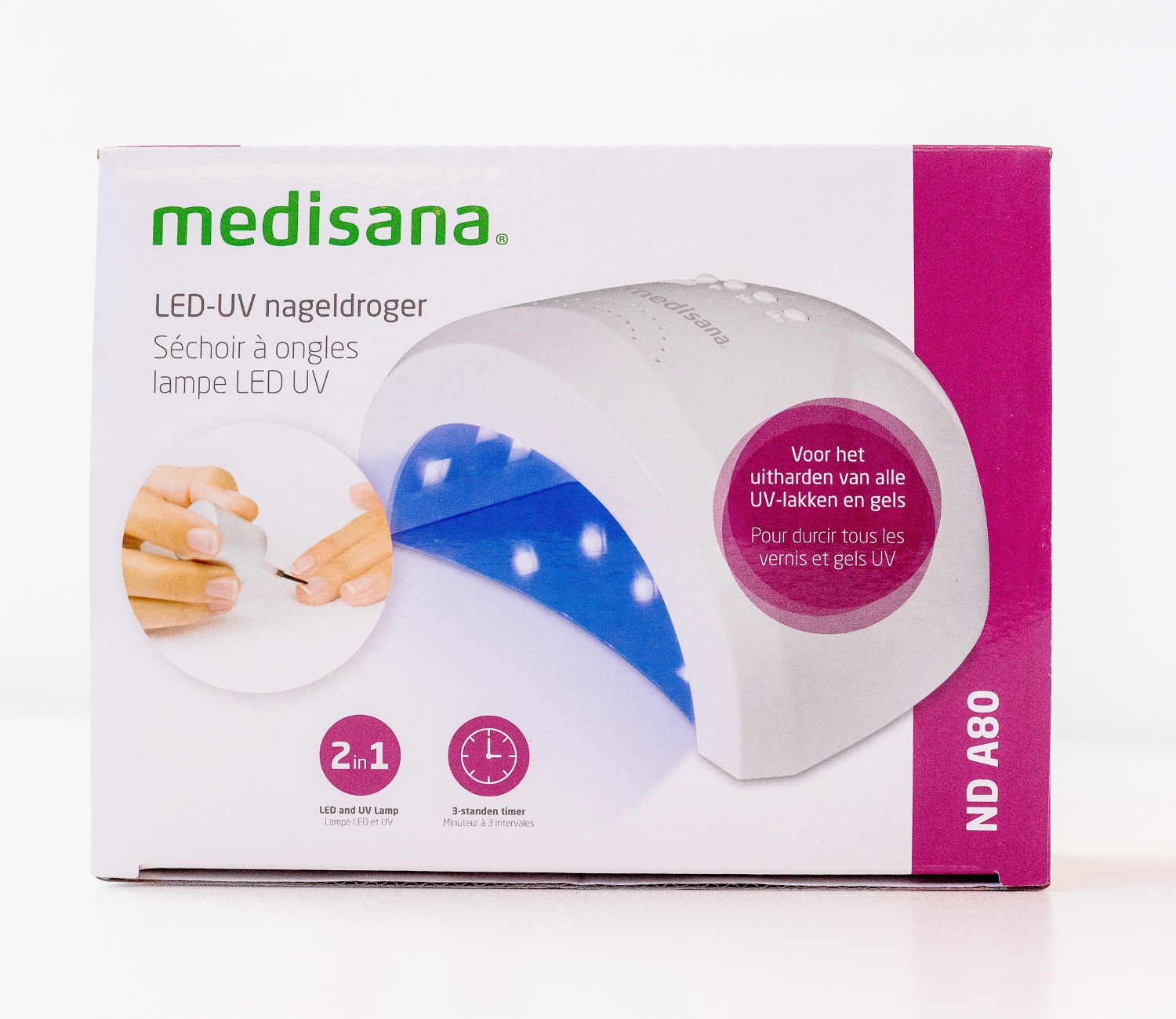 Witte nageldroger met blauwe lampen. Roze en witte doos. Merk- en modelinformatie zichtbaar.