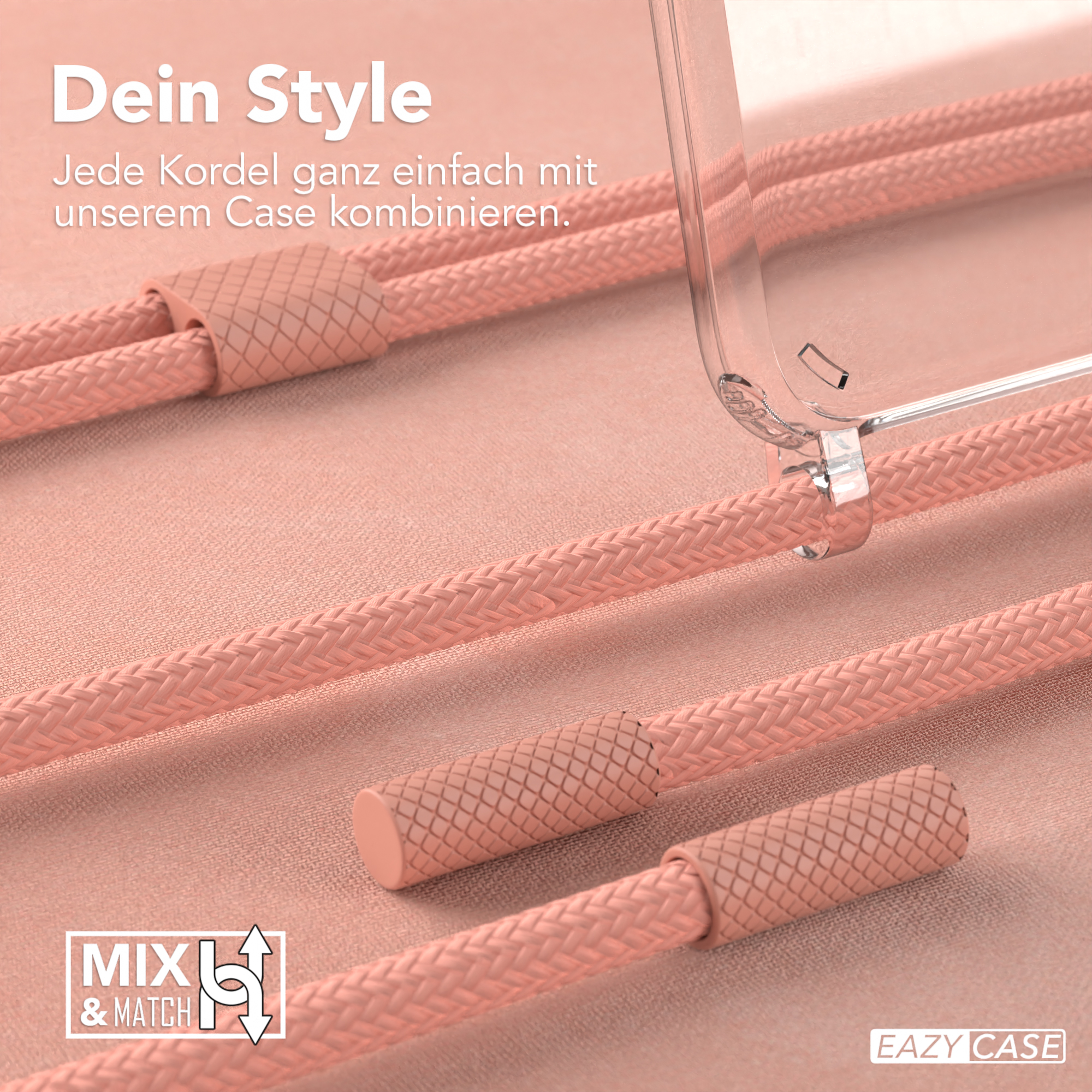 Rosa Handyhüllen-Kordeln und eine Handyhülle. Hintergrund: rosa Stoff und Text.