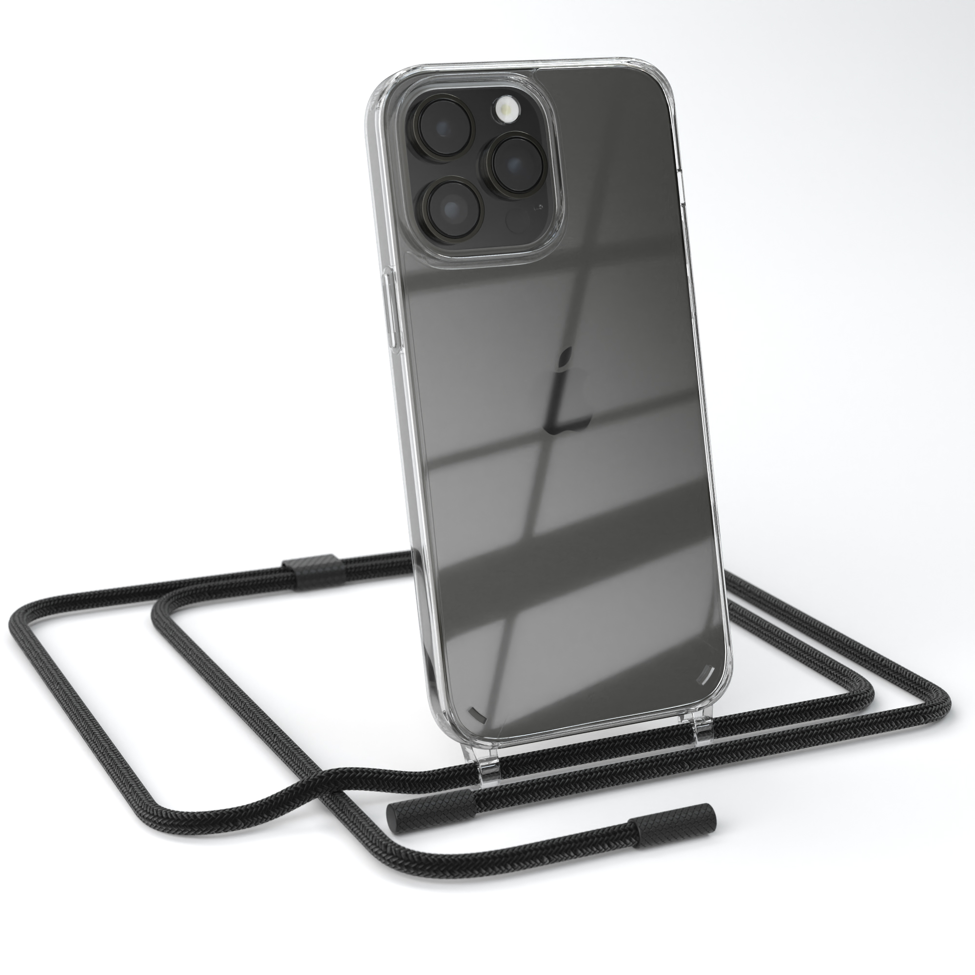Smartphone in durchsichtiger Hülle mit schwarzem Umhängeband.