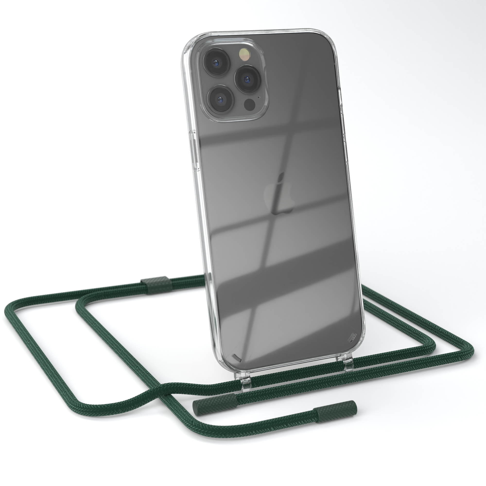 Transparente iPhone-Hülle mit grünem Kordel. Das Telefon hat mehrere Kameras. Weißer Hintergrund.